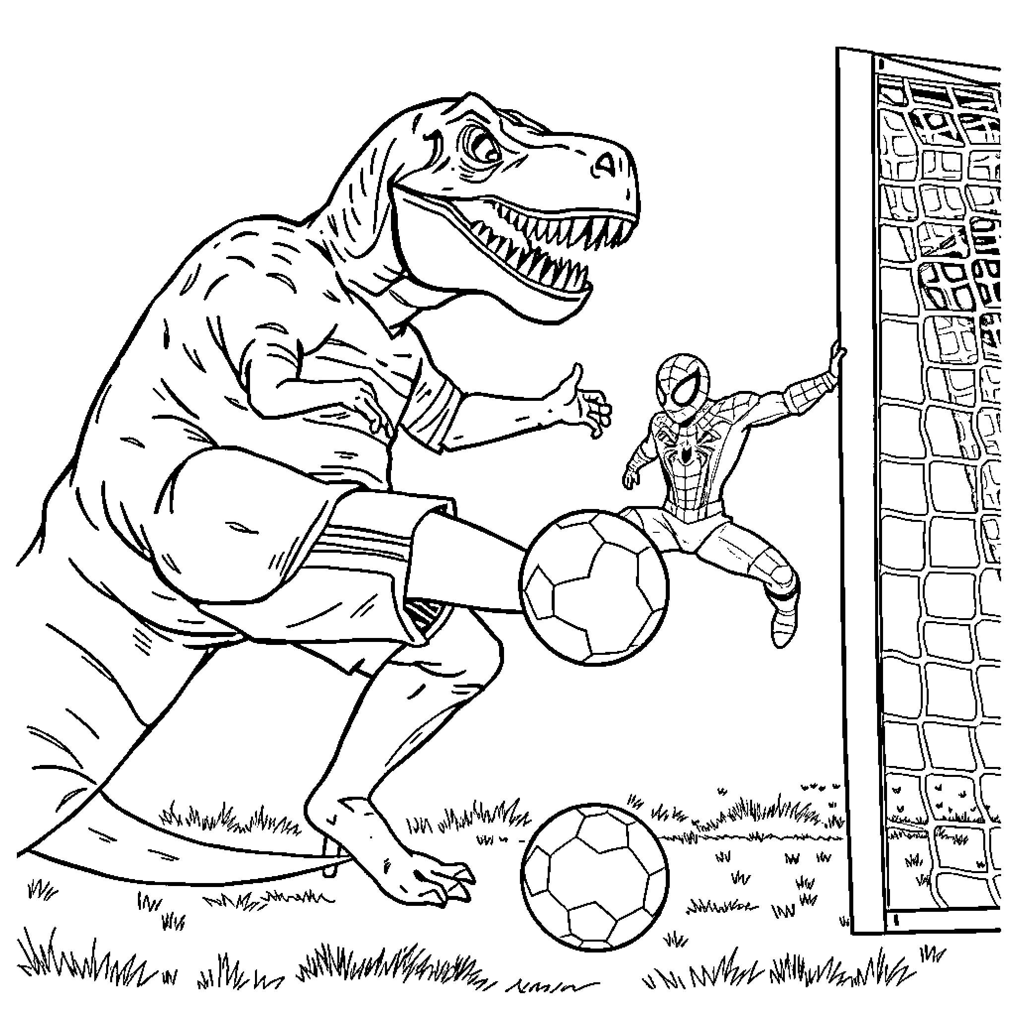 T-Rex playing soccer with Spider-Man Coloring Page (free black-and-white line drawing printable PDF for all, from beginners to advanced learners, including children, teens, adults, and seniors)