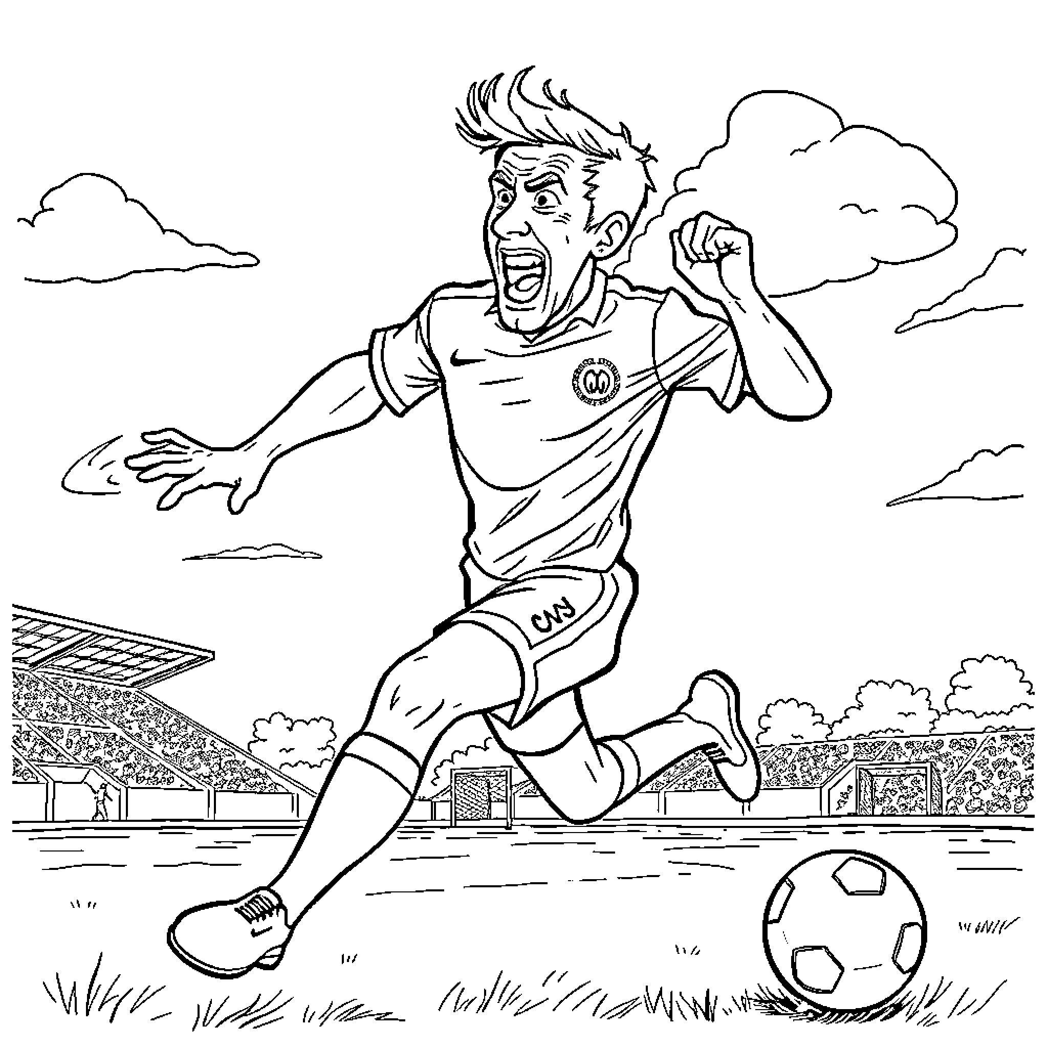 Roy Castle celebrates sports victory on the field Coloring Page (free black-and-white line drawing printable PDF for all, from beginners to advanced learners, including children, teens, adults, and seniors)