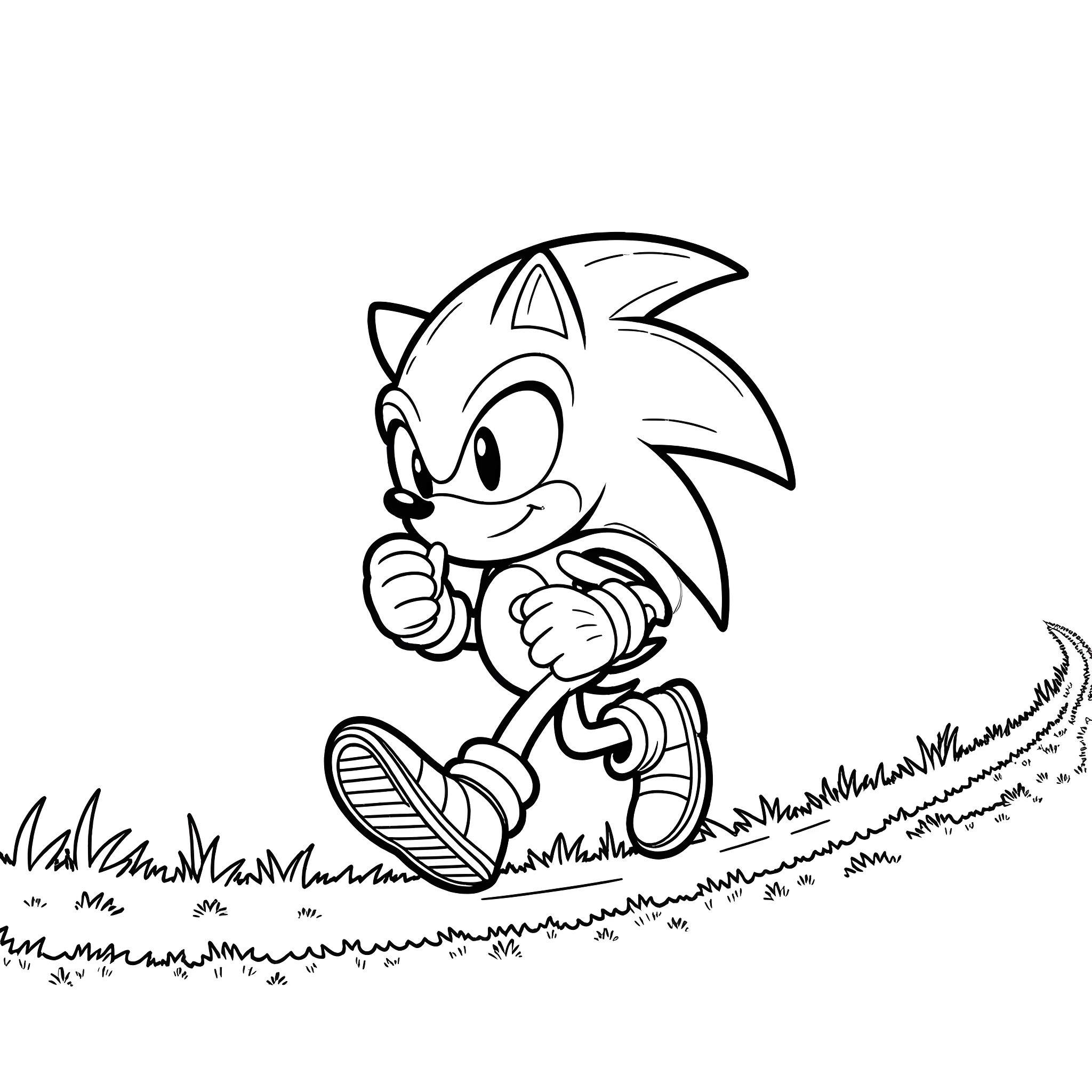 Sonic running energetically through the grass Coloring Page (free black-and-white line drawing printable PDF for all, from beginners to advanced learners, including children, teens, adults, and seniors)