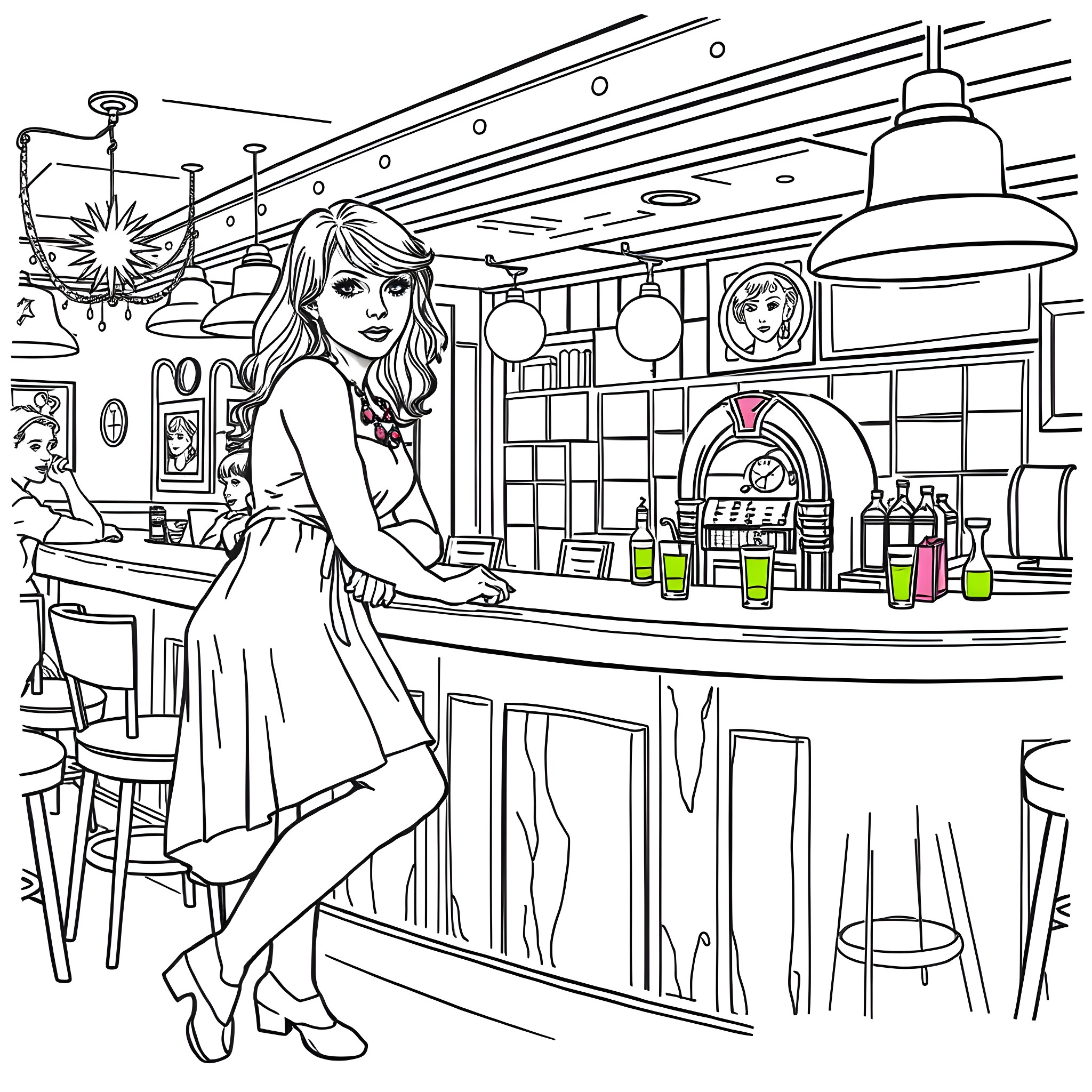 Taylor Swift serving drinks at a retro style bar Coloring Page (free black-and-white line drawing printable PDF for all, from beginners to advanced learners, including children, teens, adults, and seniors)