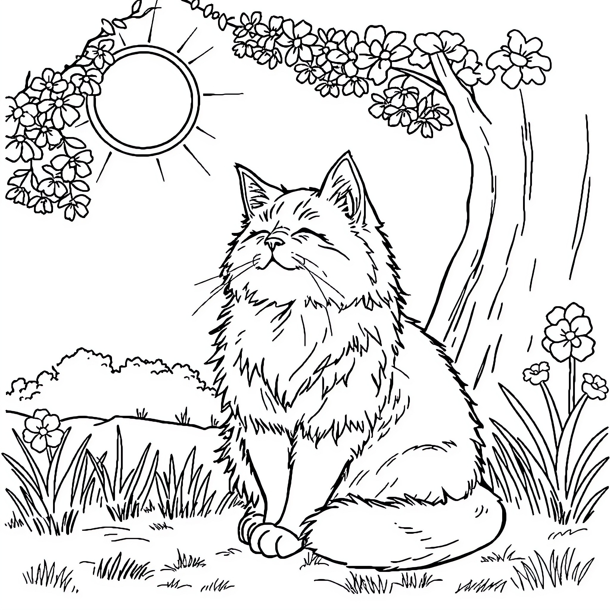 Cat relaxing in a floral garden Coloring Page (free black-and-white line drawing printable PDF for all, from beginners to advanced learners, including children, teens, adults, and seniors)