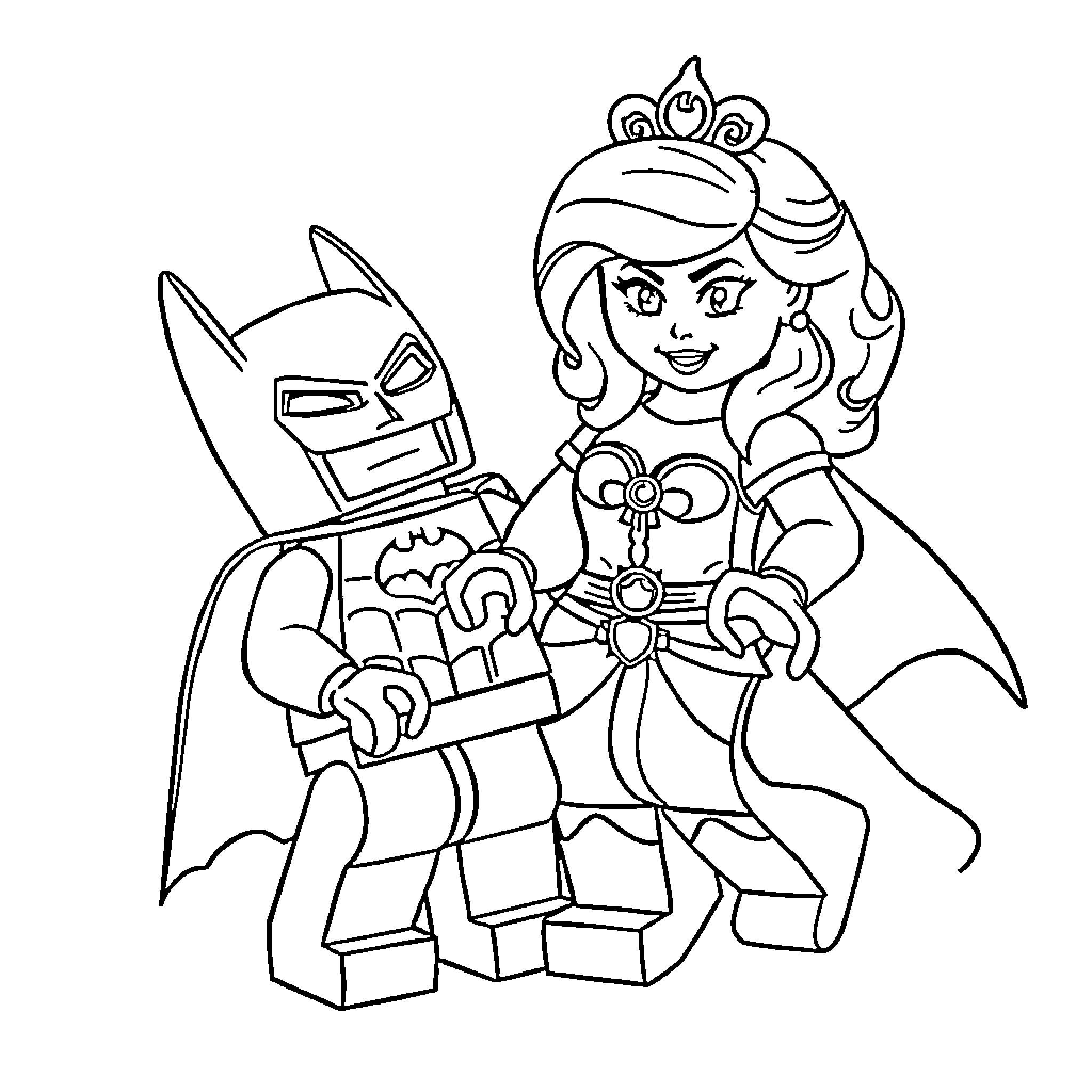 Lego Princess and Batman in superhero pose Coloring Page (free black-and-white line drawing printable PDF for all, from beginners to advanced learners, including children, teens, adults, and seniors)