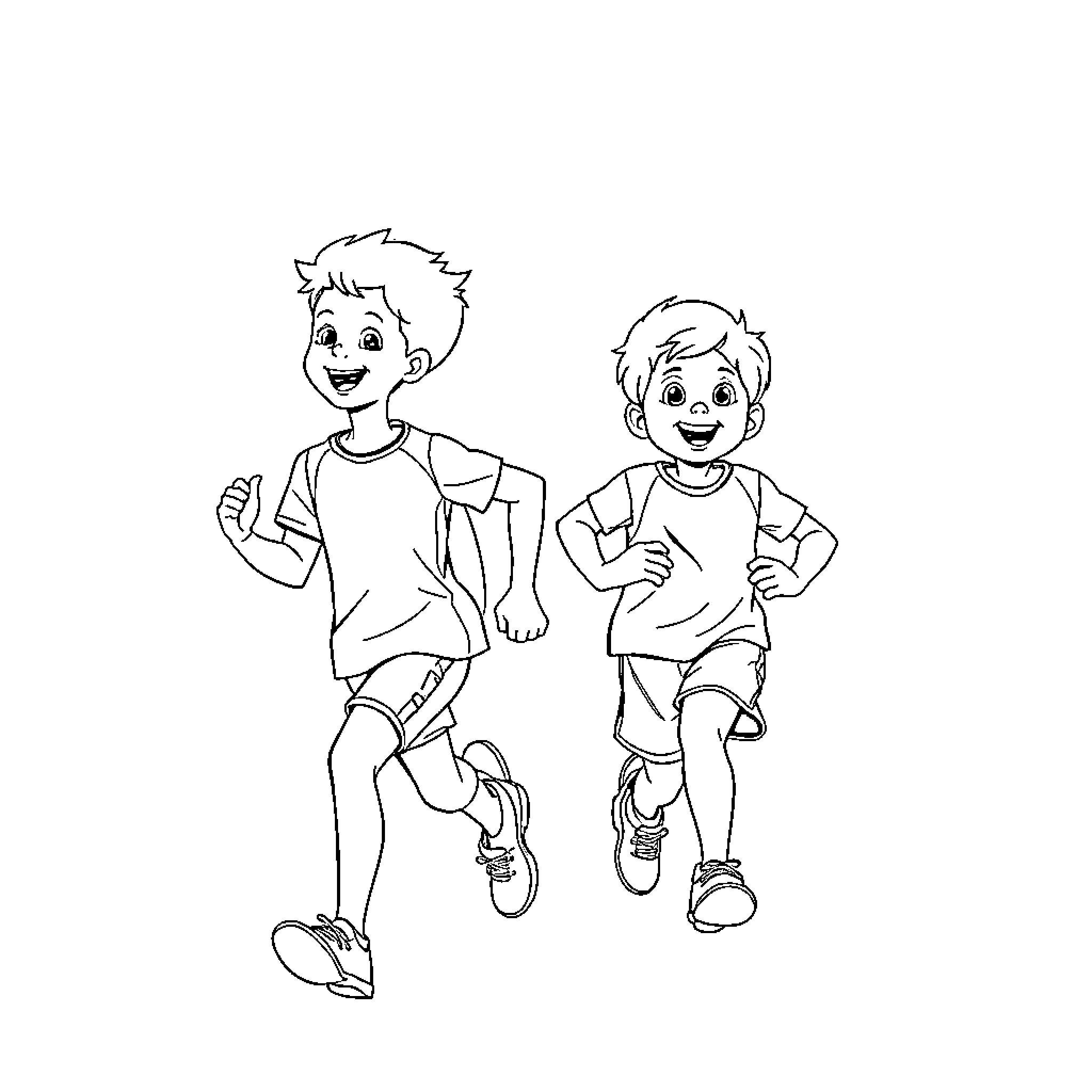 Niños running and playing together happily Coloring Page (free black-and-white line drawing printable PDF for all, from beginners to advanced learners, including children, teens, adults, and seniors)