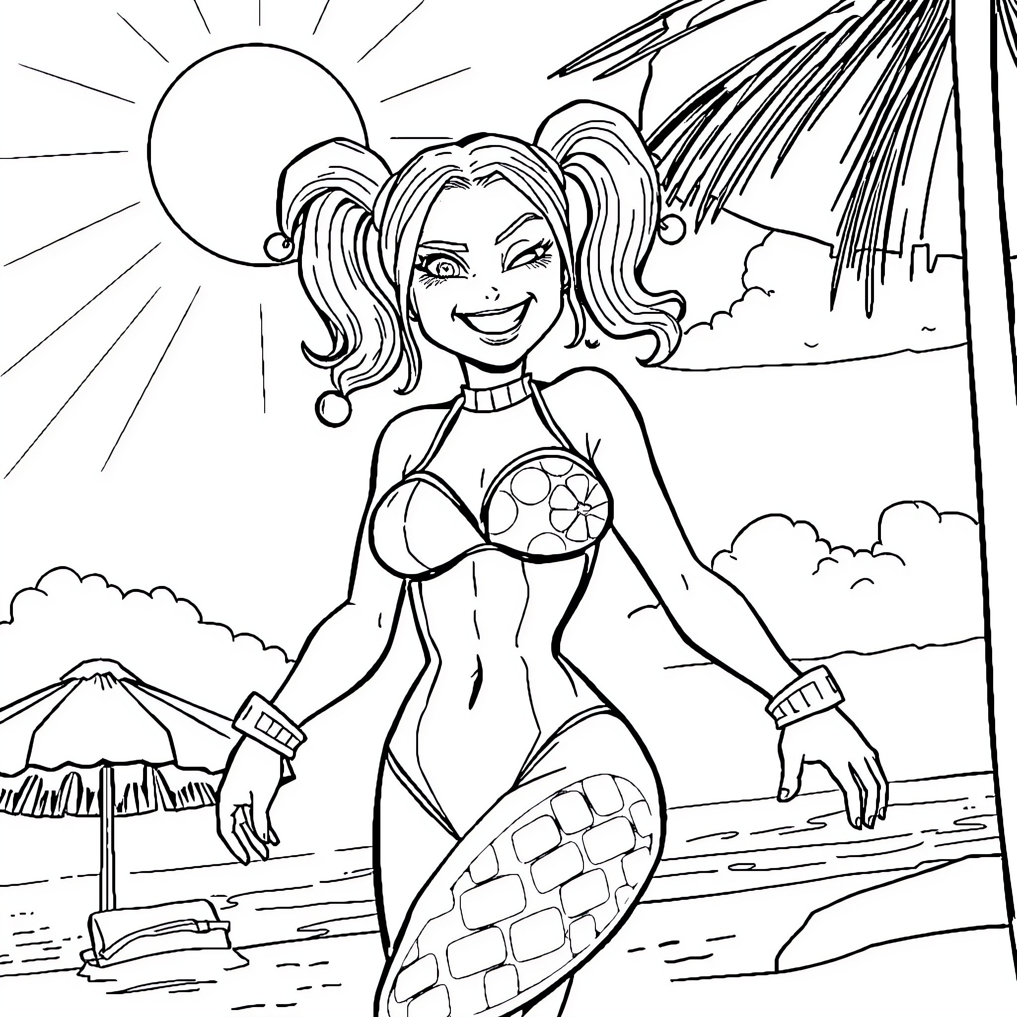 Harley Quinn relaxing on the beach Coloring Page (free black-and-white line drawing printable PDF for all, from beginners to advanced learners, including children, teens, adults, and seniors)