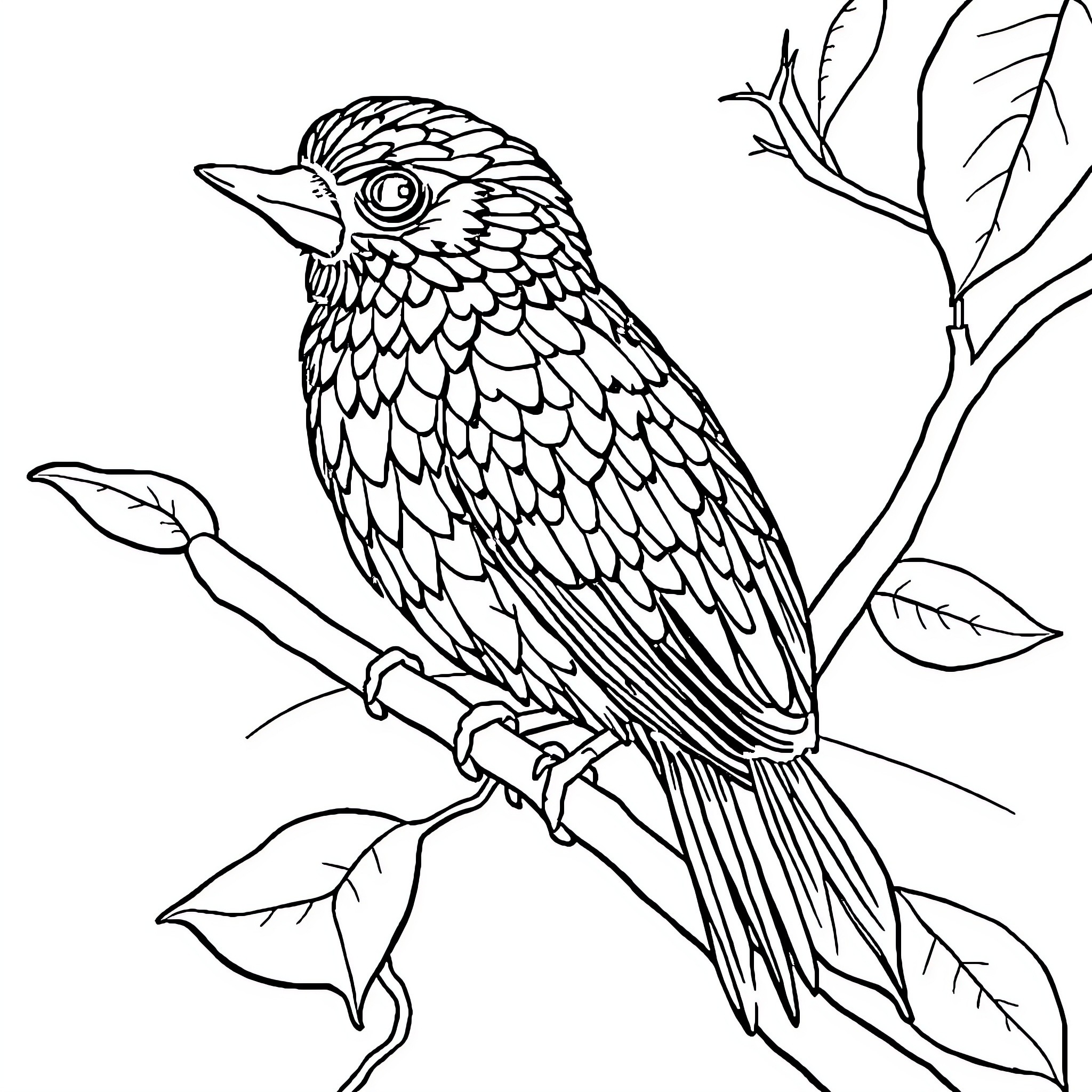 Fruit bird perched on lush branch Coloring Page (free black-and-white line drawing printable PDF for all, from beginners to advanced learners, including children, teens, adults, and seniors)