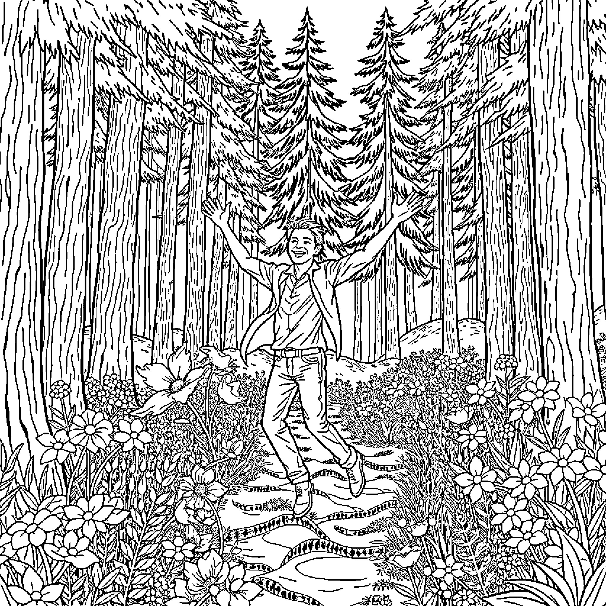 Man enjoying the serene forest landscape Coloring Page (free black-and-white line drawing printable PDF for all, from beginners to advanced learners, including children, teens, adults, and seniors)
