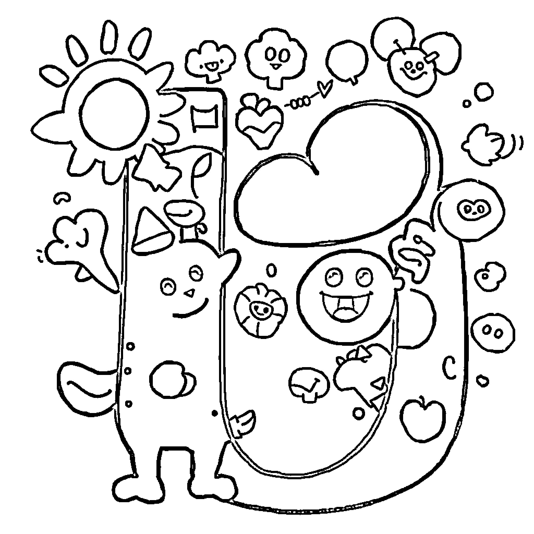 Letter U Imaginative Doodle Characters Coloring Page (free black-and-white line drawing printable PDF for all, from beginners to advanced learners, including children, teens, adults, and seniors)