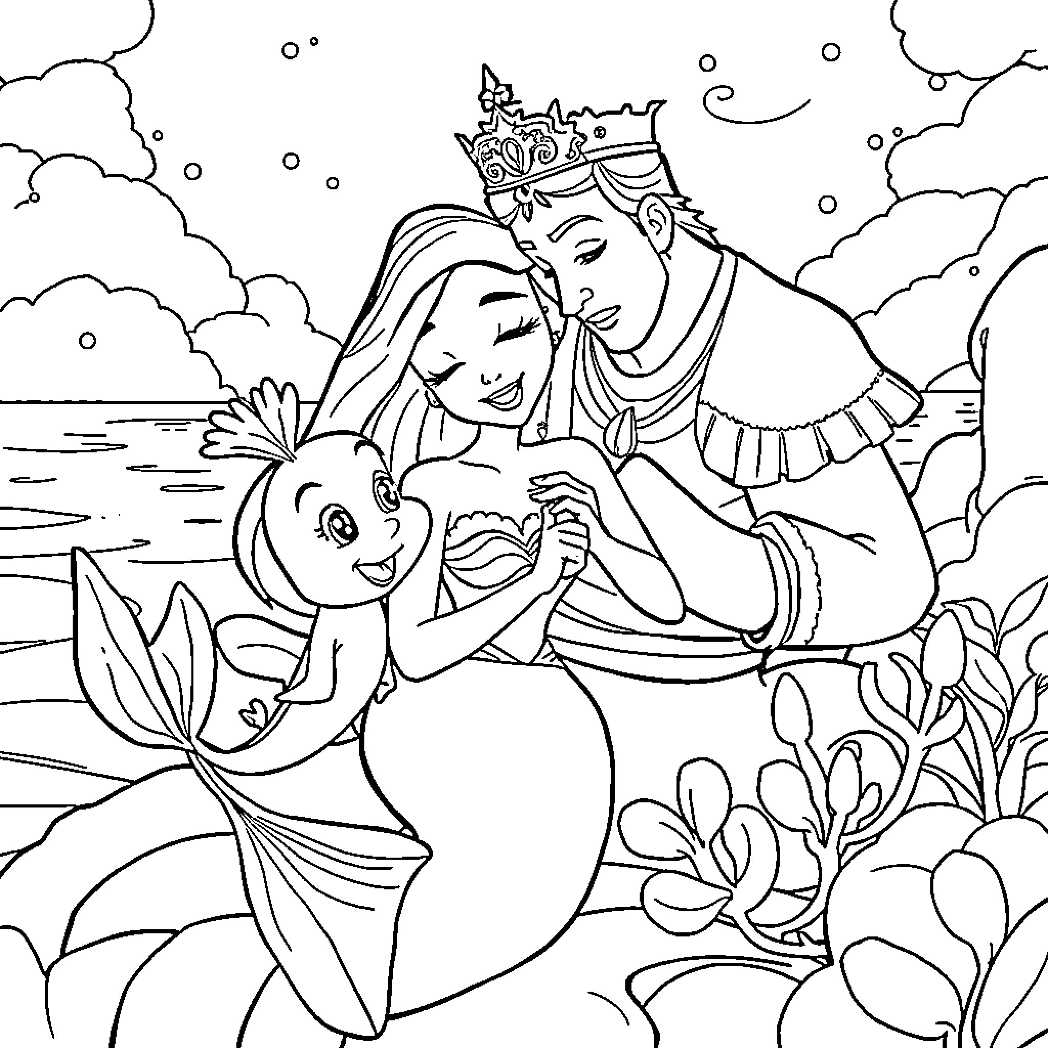 Ariel and Prince Eric sharing a tender moment Coloring Page (free black-and-white line drawing printable PDF for all, from beginners to advanced learners, including children, teens, adults, and seniors)