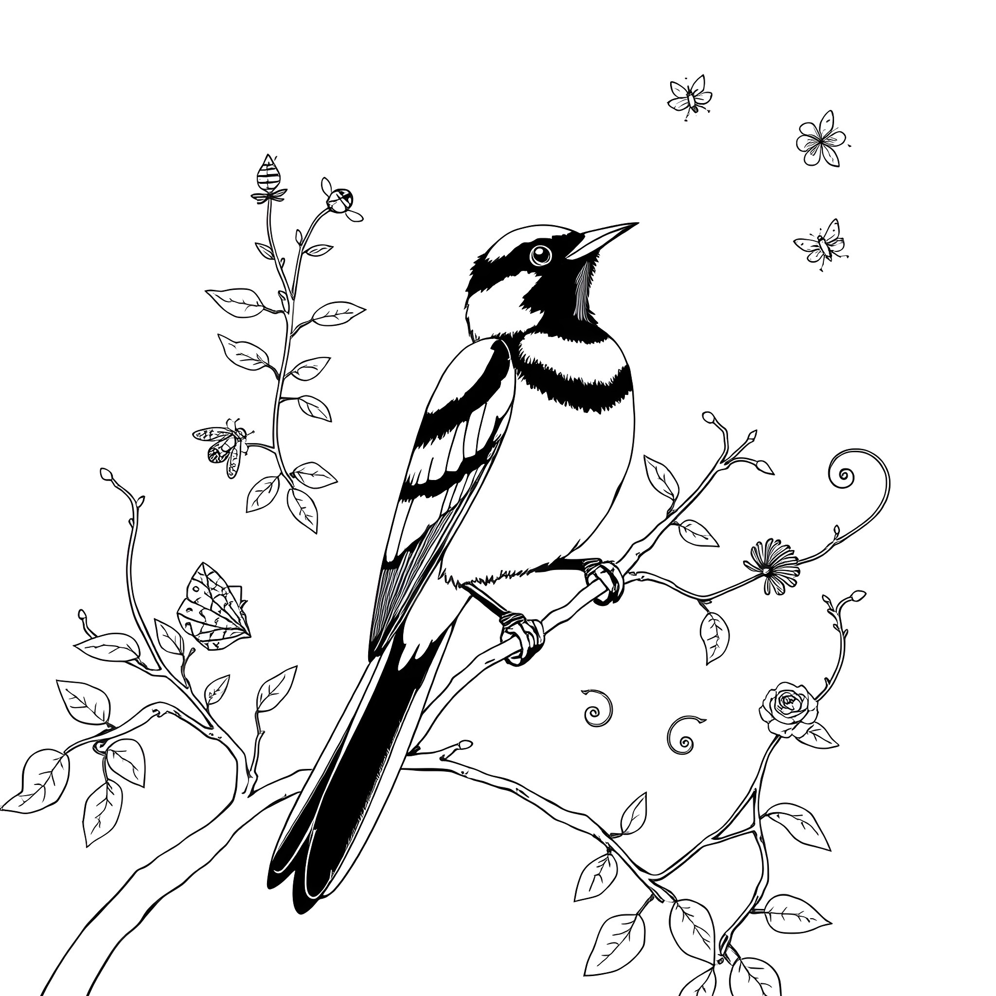 Magpie perched on a floral branch Coloring Page (free black-and-white line drawing printable PDF for all, from beginners to advanced learners, including children, teens, adults, and seniors)