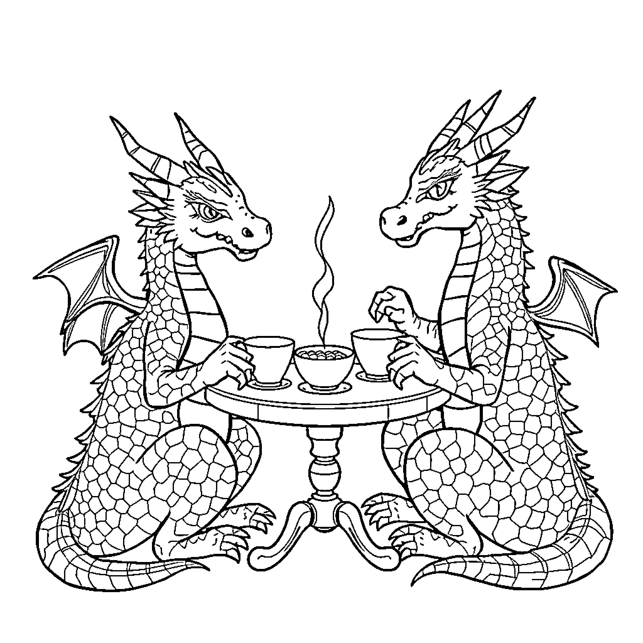 Dragons enjoying a tea party together Coloring Page (free black-and-white line drawing printable PDF for all, from beginners to advanced learners, including children, teens, adults, and seniors)