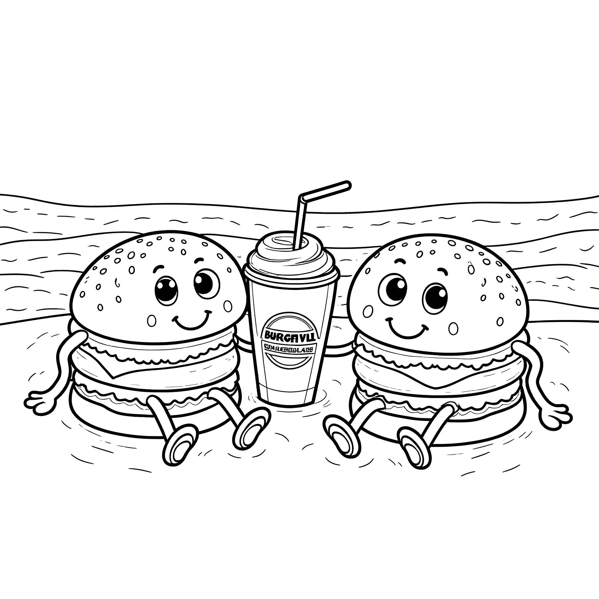 Cheeseburger friends enjoying a happy beverage Coloring Page (free black-and-white line drawing printable PDF for all, from beginners to advanced learners, including children, teens, adults, and seniors)