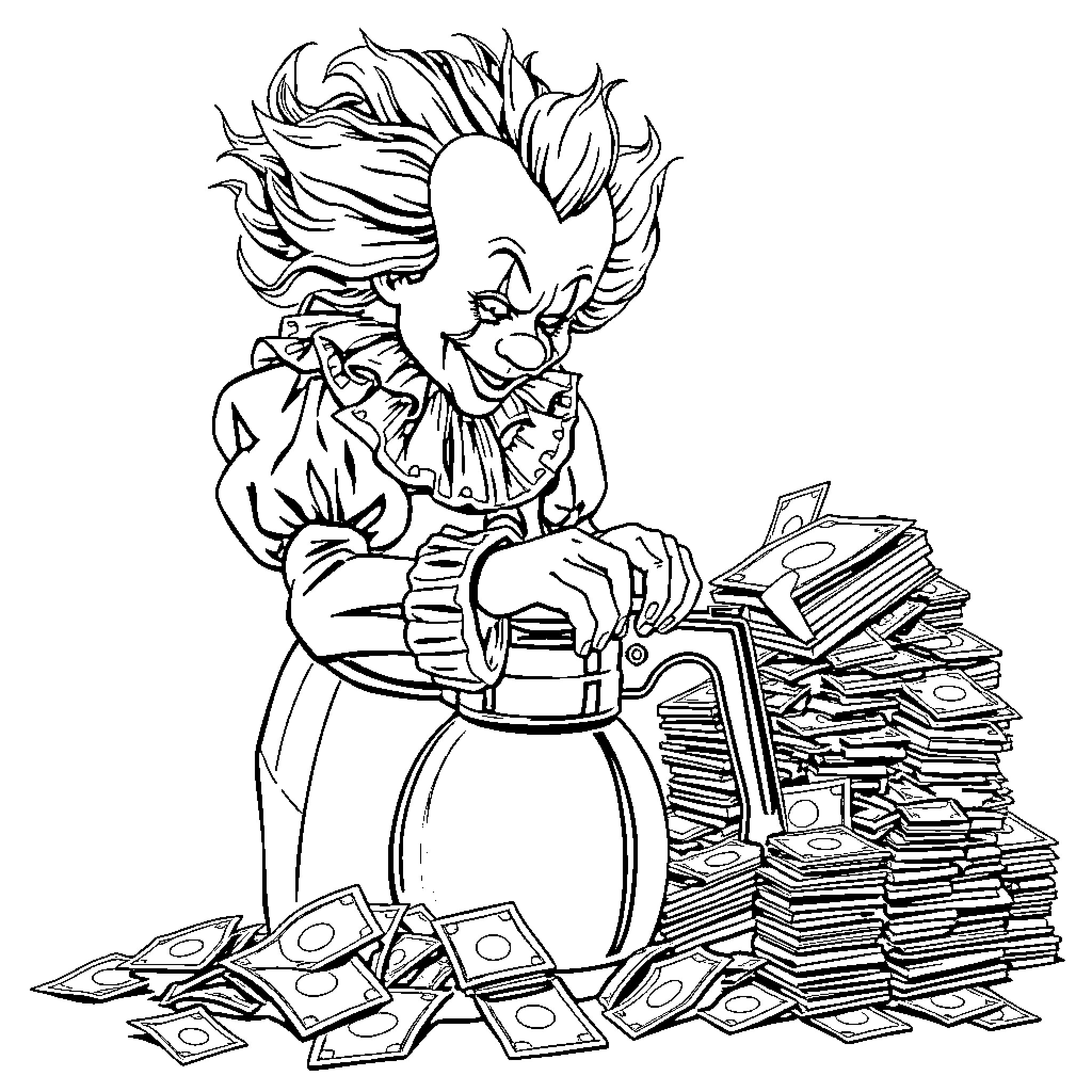 Pennywise the Clown Sitting on Stacks of Money Coloring Page (free black-and-white line drawing printable PDF for all, from beginners to advanced learners, including children, teens, adults, and seniors)