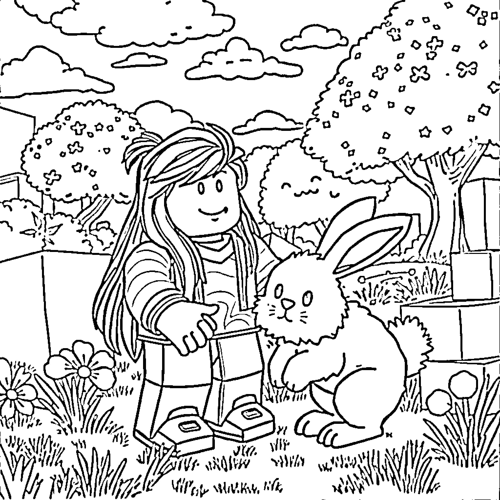 Roblox Character Petting Friendly Rabbit in Nature Setting Coloring Page (free black-and-white line drawing printable PDF for all, from beginners to advanced learners, including children, teens, adults, and seniors)