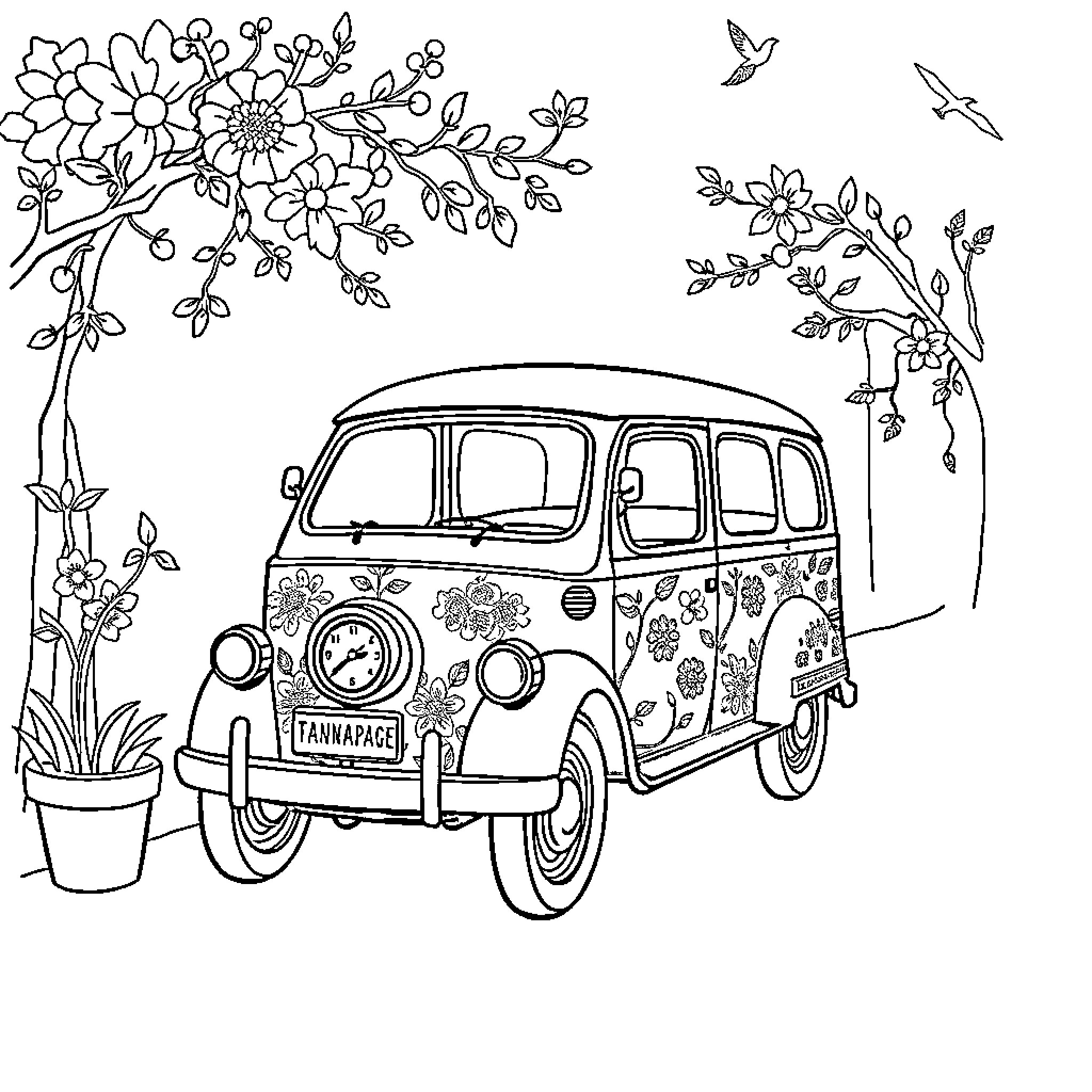 Aesthetic Floral Van Surrounded by Nature Coloring Page (free black-and-white line drawing printable PDF for all, from beginners to advanced learners, including children, teens, adults, and seniors)