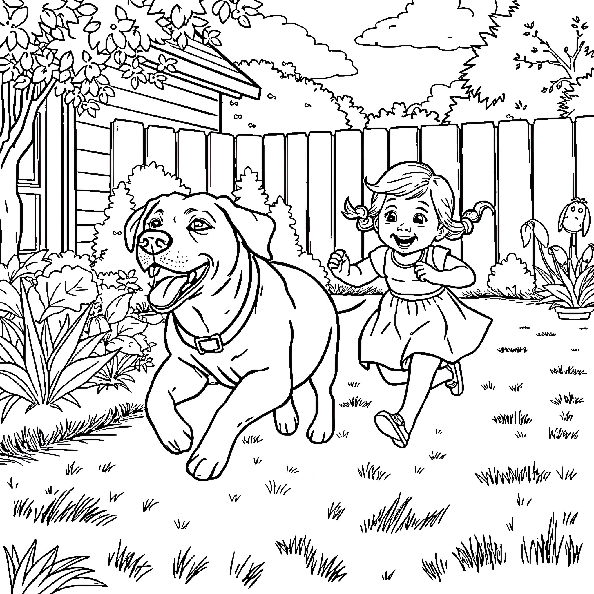 Dog playing with girl in backyard Coloring Page (free black-and-white line drawing printable PDF for all, from beginners to advanced learners, including children, teens, adults, and seniors)