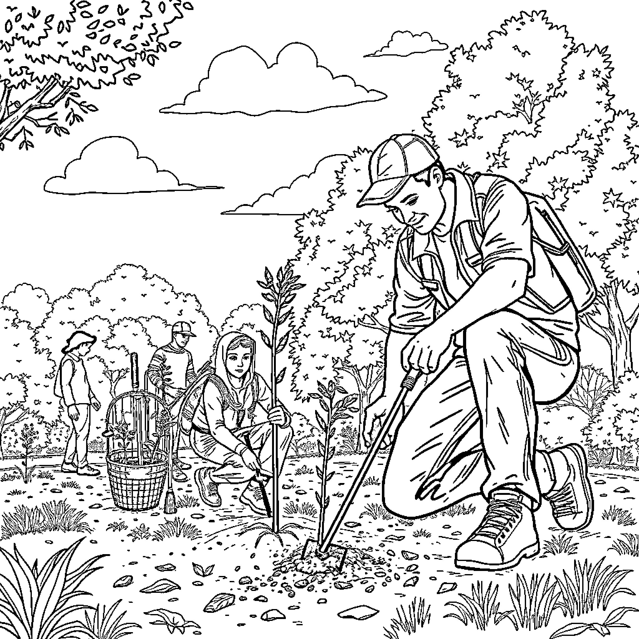 Guy working diligently in the garden with others Coloring Page (free black-and-white line drawing printable PDF for all, from beginners to advanced learners, including children, teens, adults, and seniors)