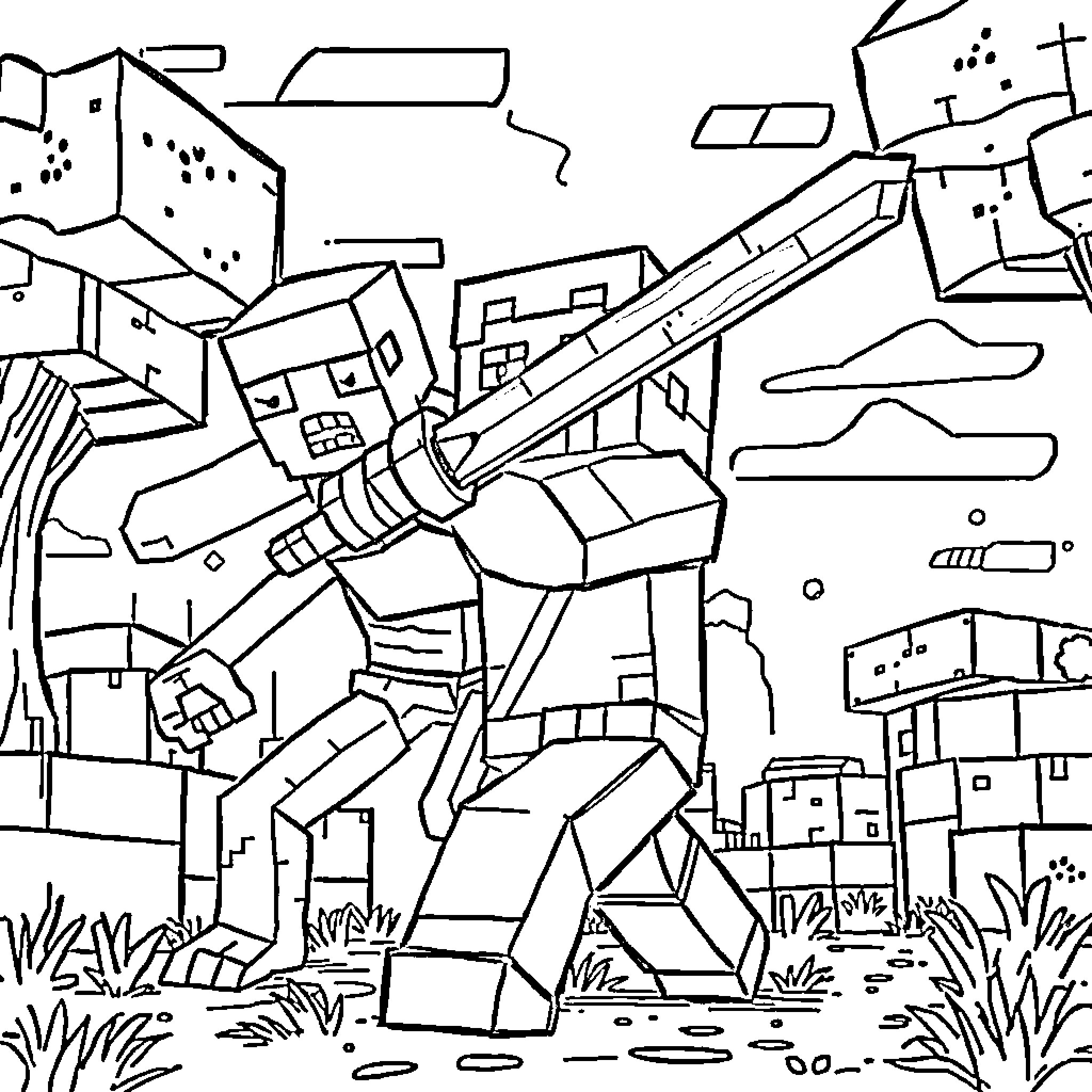 Steve's Blocky Adventure in the Wilderness Coloring Page (free black-and-white line drawing printable PDF for all, from beginners to advanced learners, including children, teens, adults, and seniors)