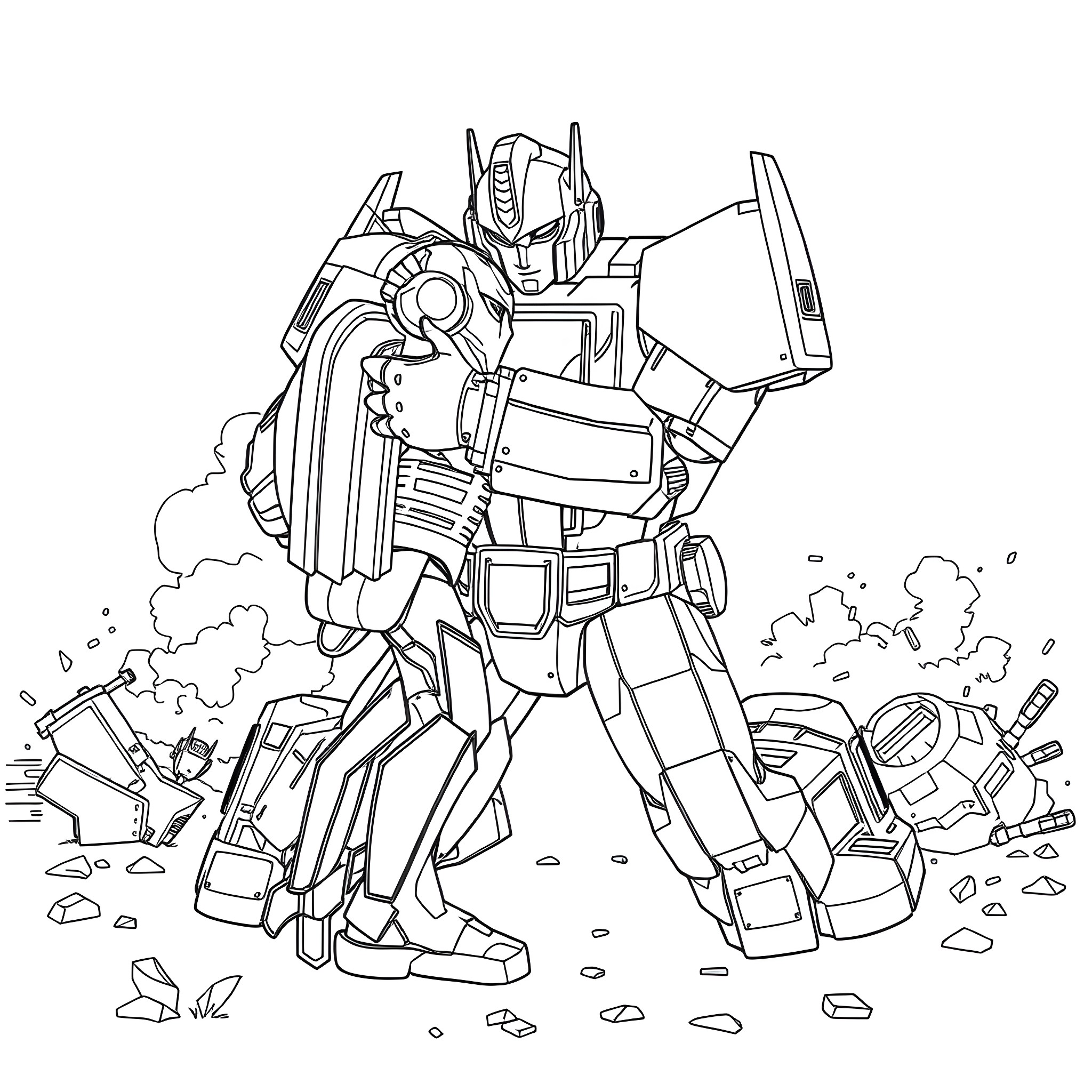 Optimus Prime battling in the battlefield Coloring Page (free black-and-white line drawing printable PDF for all, from beginners to advanced learners, including children, teens, adults, and seniors)