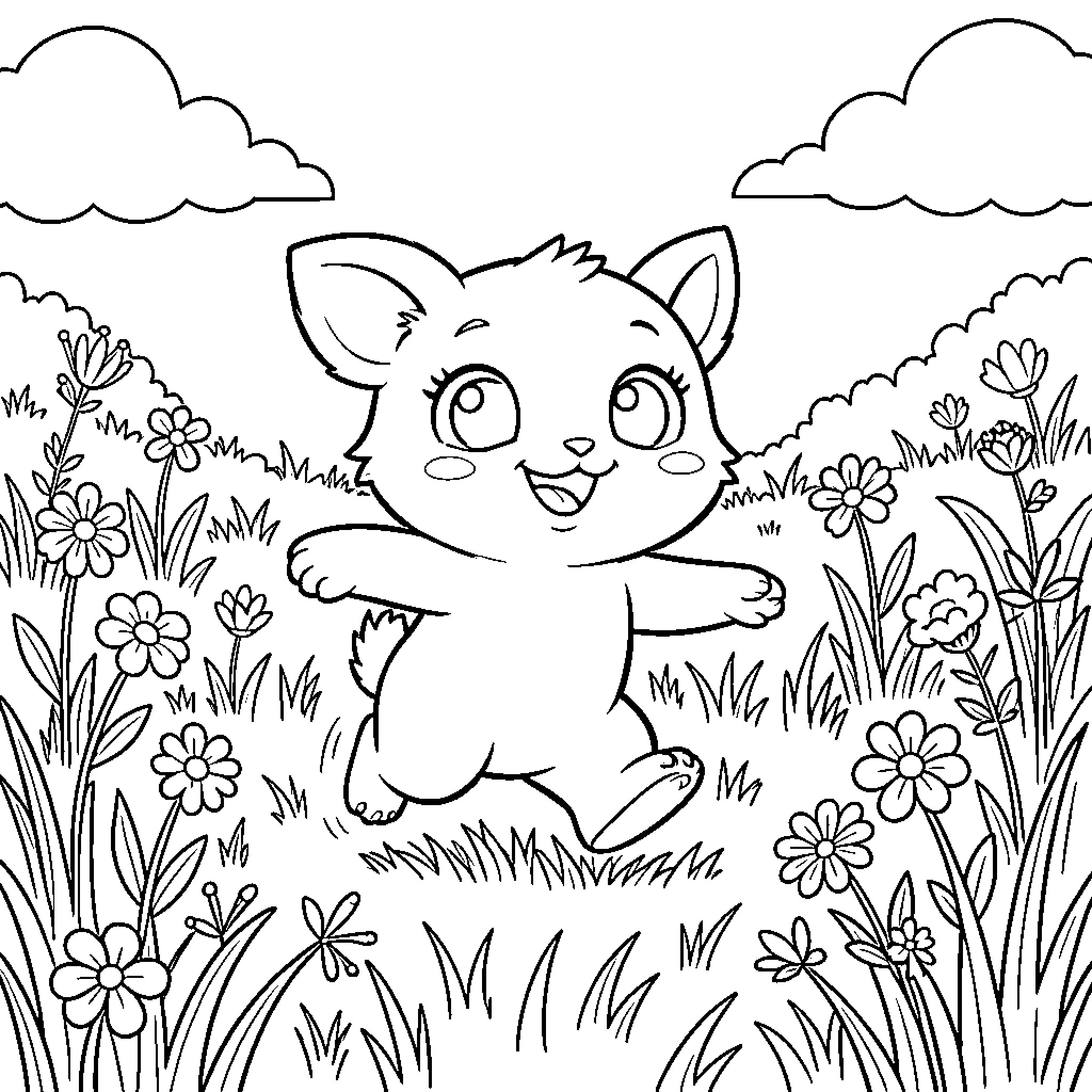 Pididi happy kitten running through a flower field Coloring Page (free black-and-white line drawing printable PDF for all, from beginners to advanced learners, including children, teens, adults, and seniors)