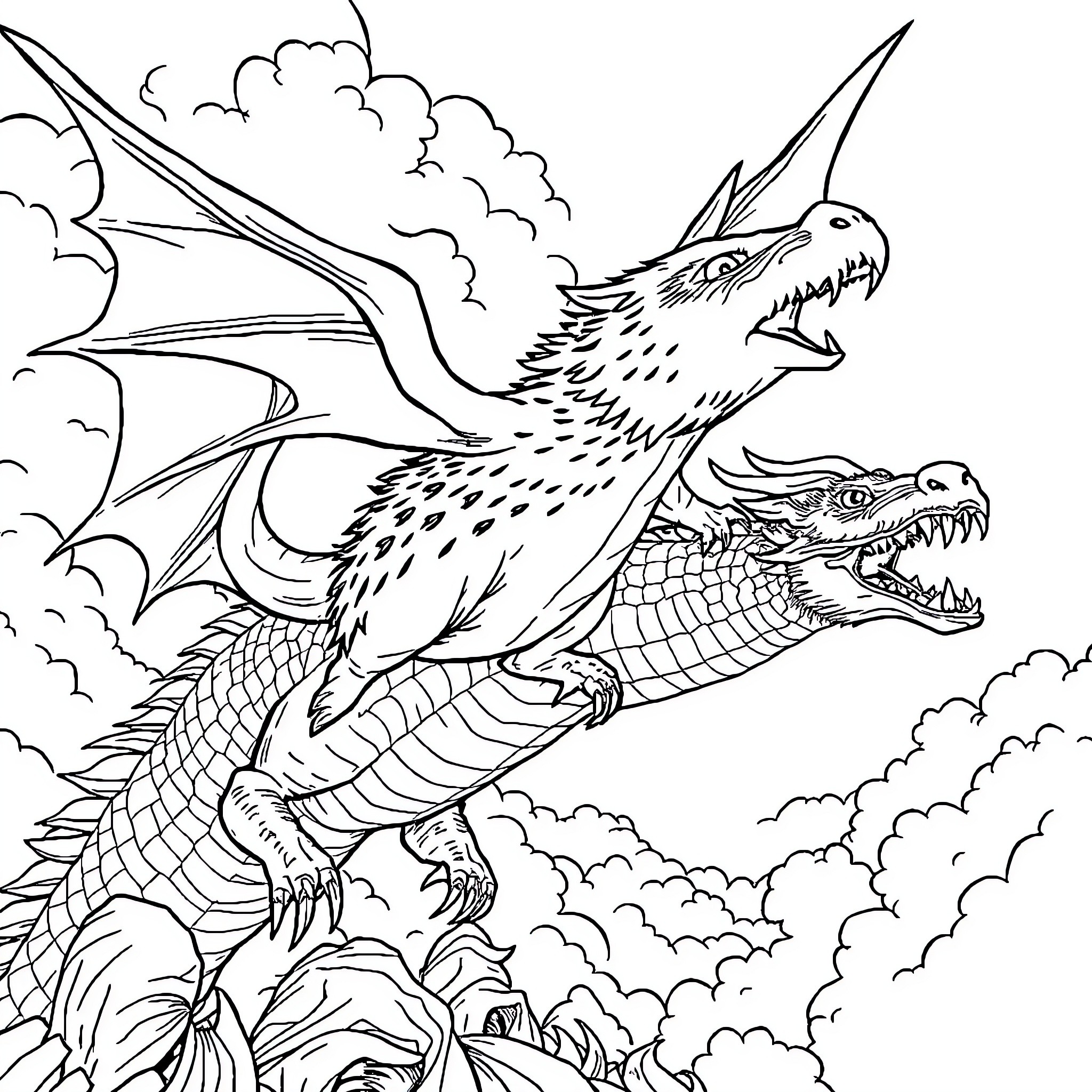 Capybara riding a fierce dragon in the sky Coloring Page (free black-and-white line drawing printable PDF for all, from beginners to advanced learners, including children, teens, adults, and seniors)