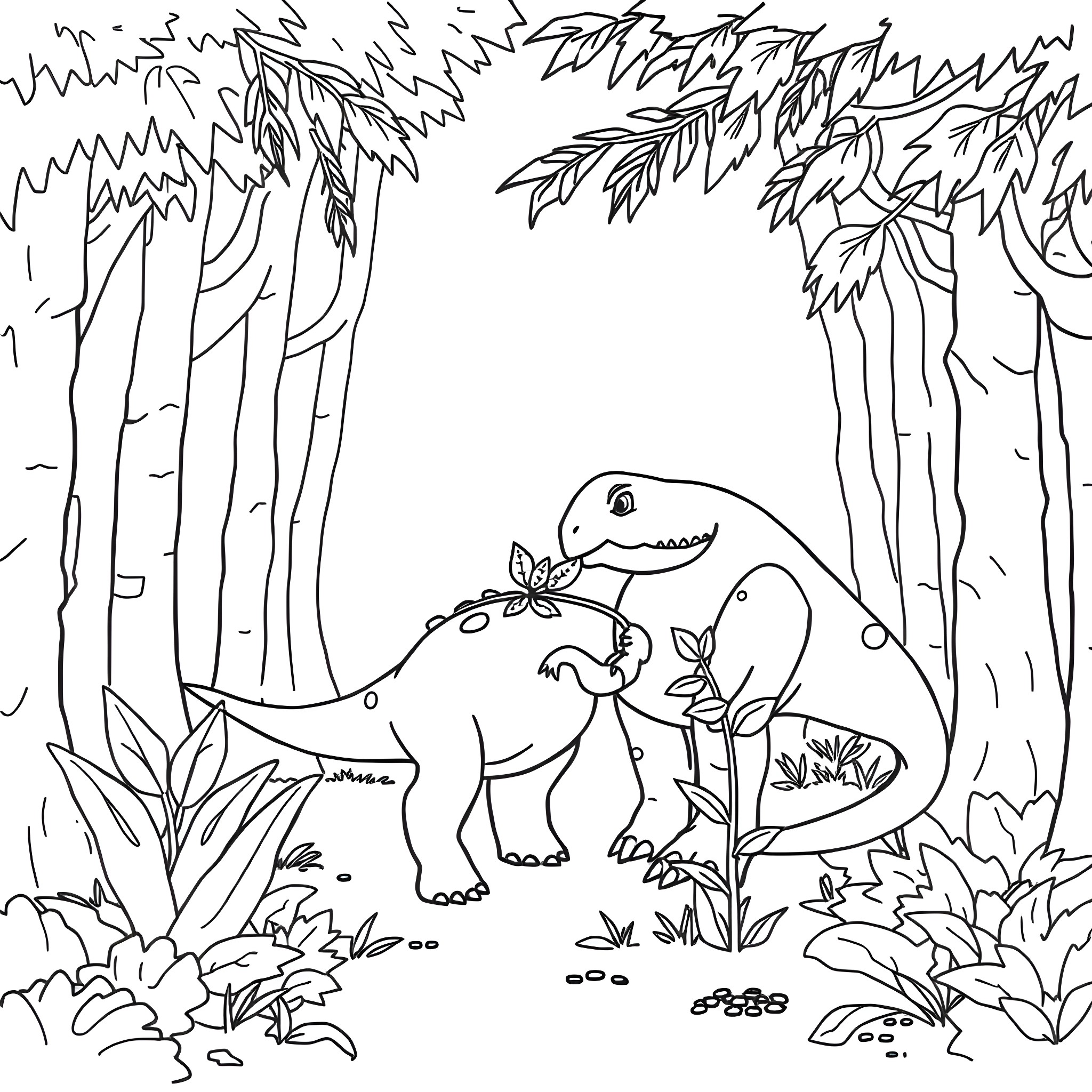 Dinosaur exploring the lush forest Coloring Page (free black-and-white line drawing printable PDF for all, from beginners to advanced learners, including children, teens, adults, and seniors)