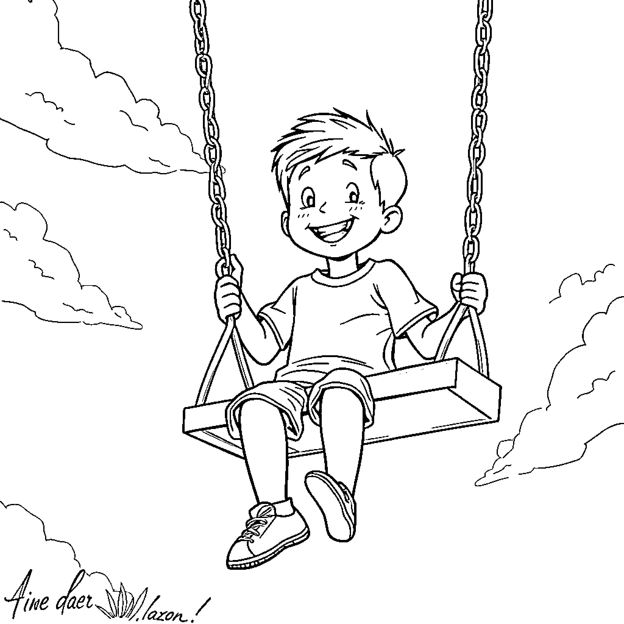 Boy happily swinging on a playground Coloring Page (free black-and-white line drawing printable PDF for all, from beginners to advanced learners, including children, teens, adults, and seniors)