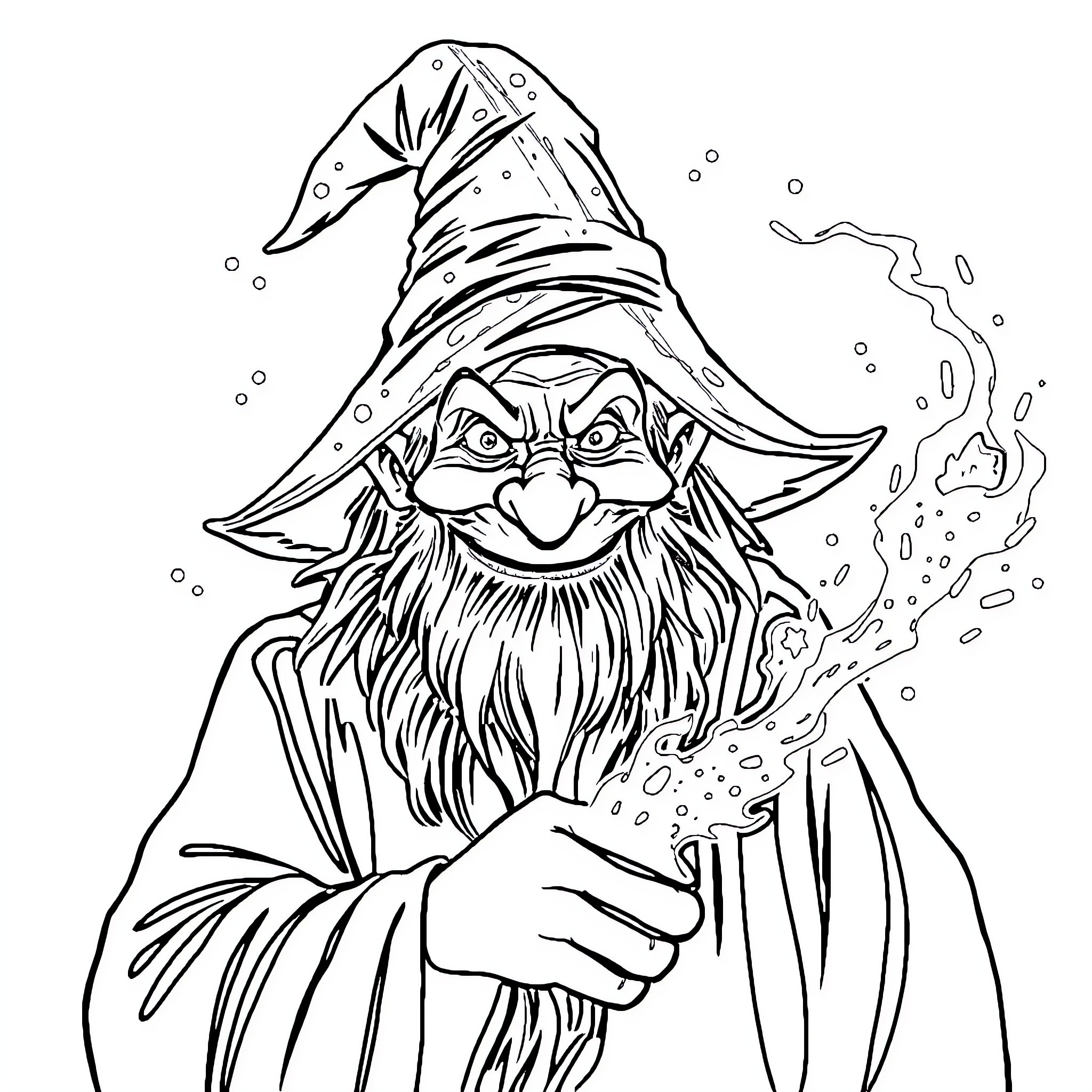 Wizard casting a magical spell with a wand Coloring Page (free black-and-white line drawing printable PDF for all, from beginners to advanced learners, including children, teens, adults, and seniors)