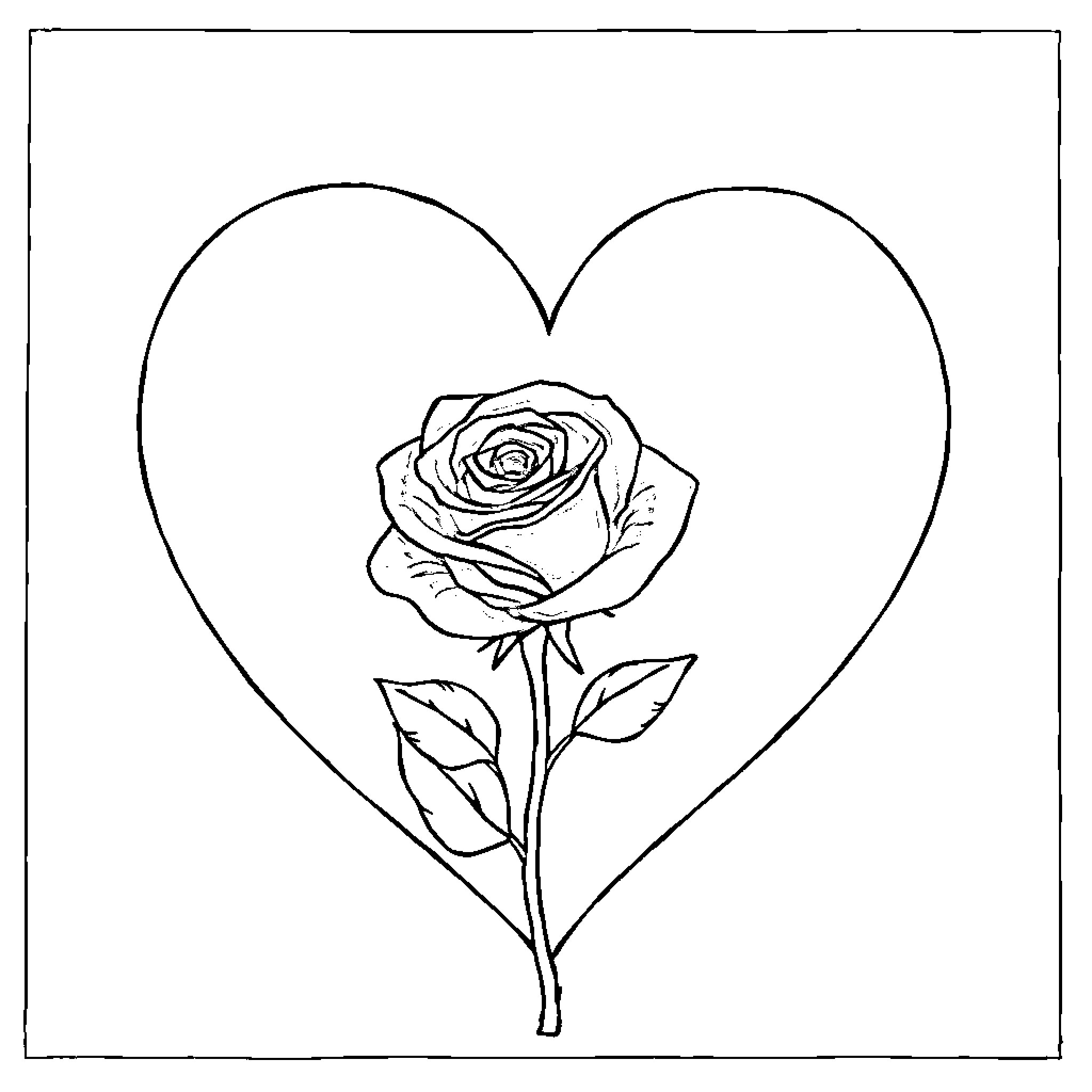 Rose blooming within a heart-shaped frame Coloring Page (free black-and-white line drawing printable PDF for all, from beginners to advanced learners, including children, teens, adults, and seniors)