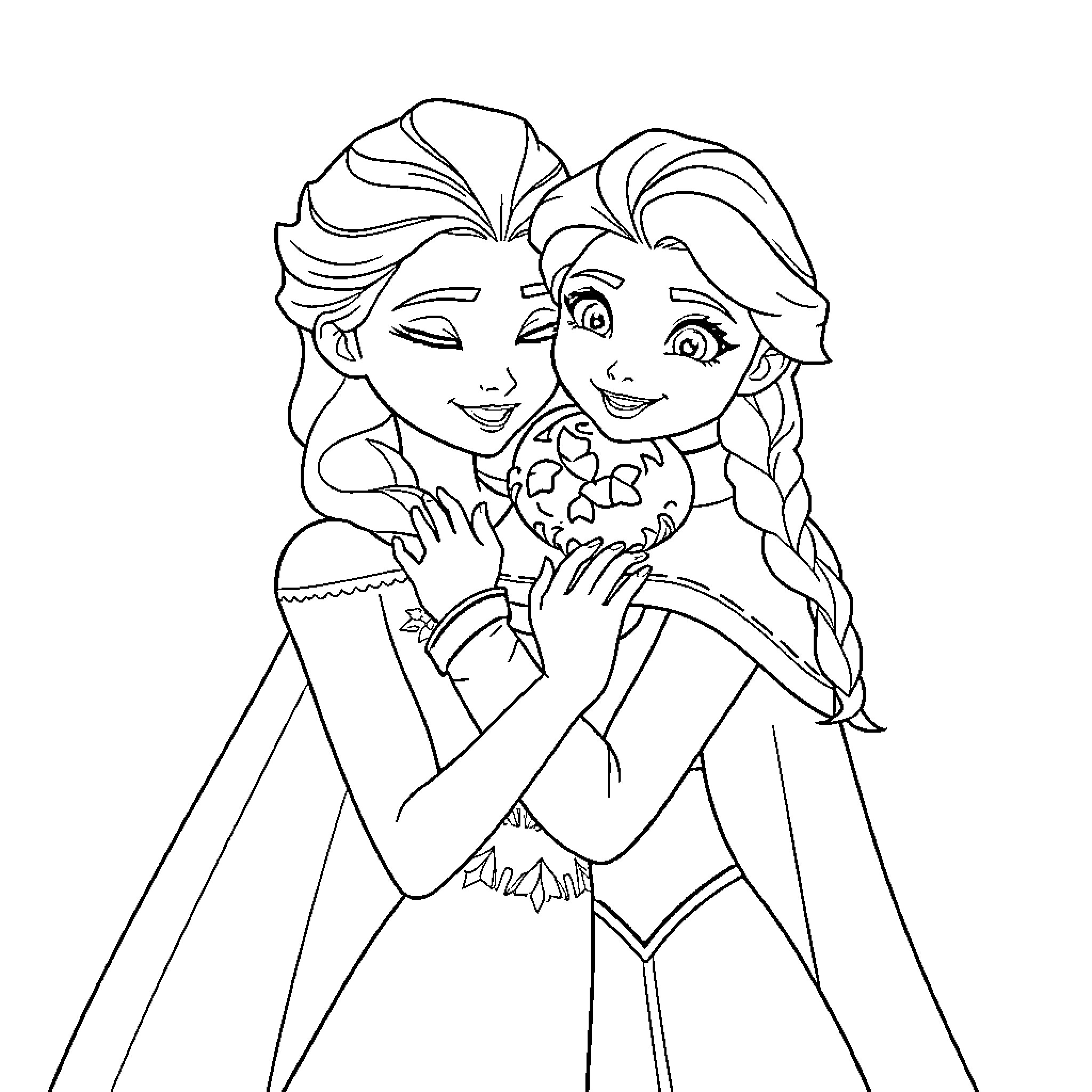 Elsa and Anna enjoying a warm embrace Coloring Page (free black-and-white line drawing printable PDF for all, from beginners to advanced learners, including children, teens, adults, and seniors)