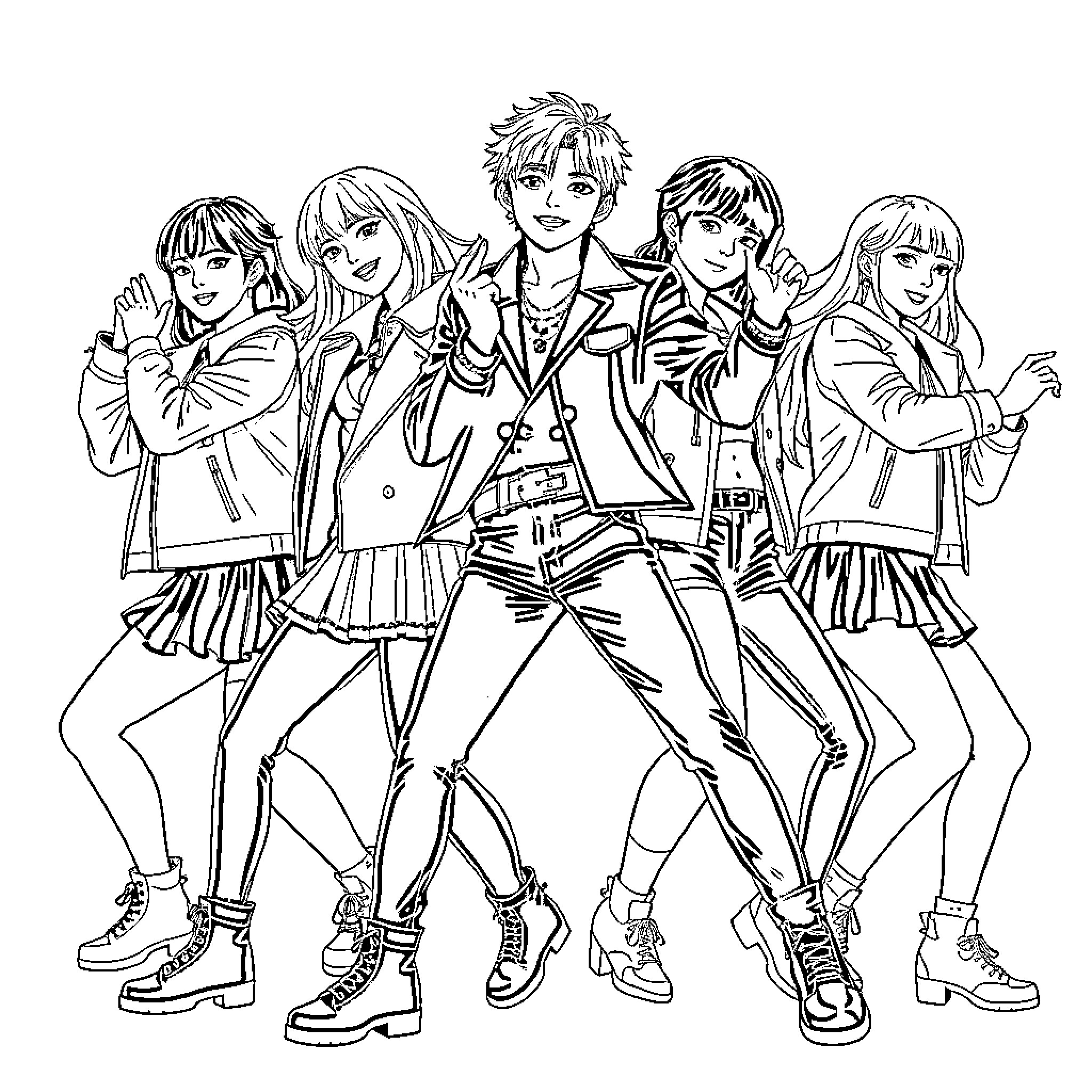 K Pop Group Performing with Energetic Poses and Outfits Coloring Page (free black-and-white line drawing printable PDF for all, from beginners to advanced learners, including children, teens, adults, and seniors)
