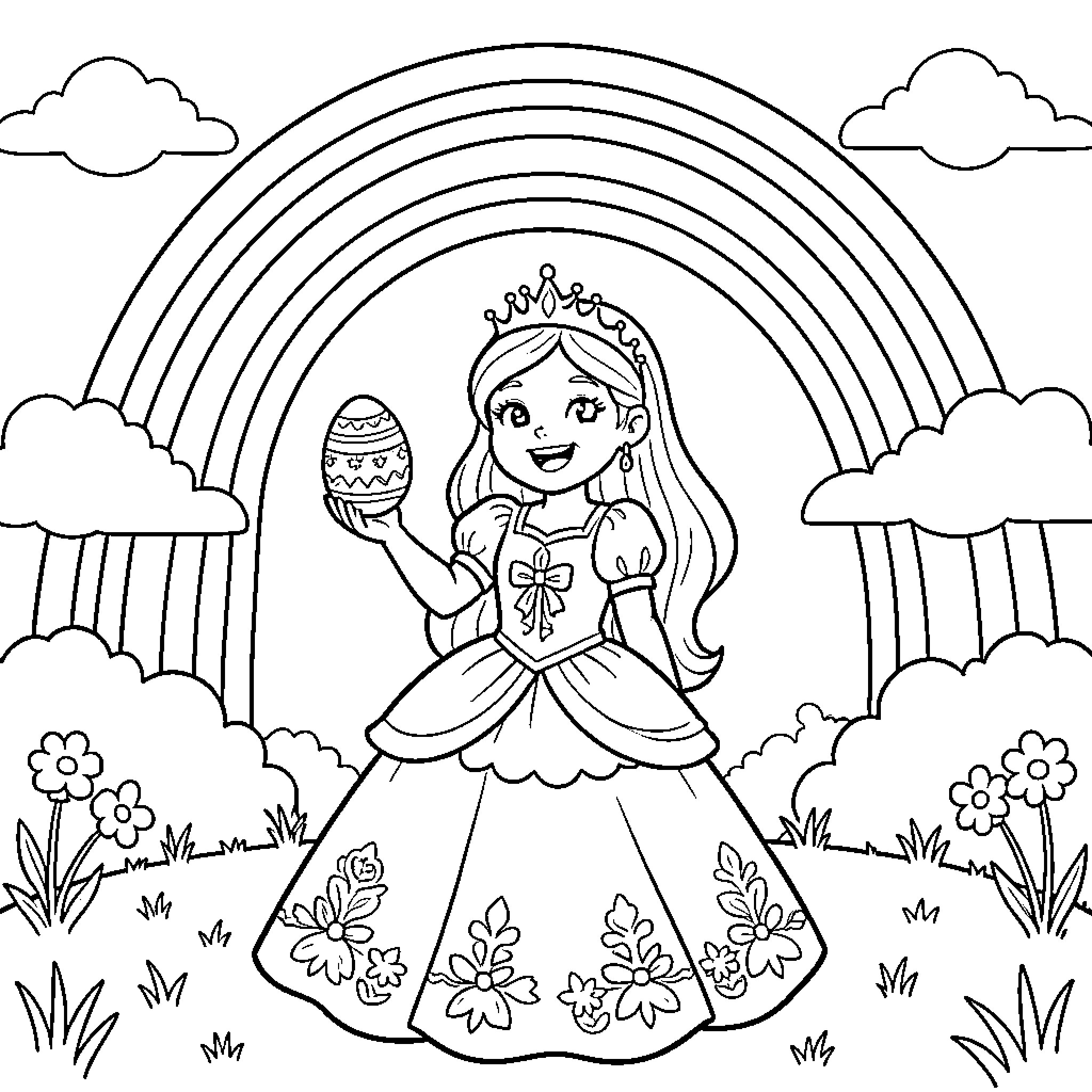 Princess playing with Easter egg under rainbow Coloring Page (free black-and-white line drawing printable PDF for all, from beginners to advanced learners, including children, teens, adults, and seniors)