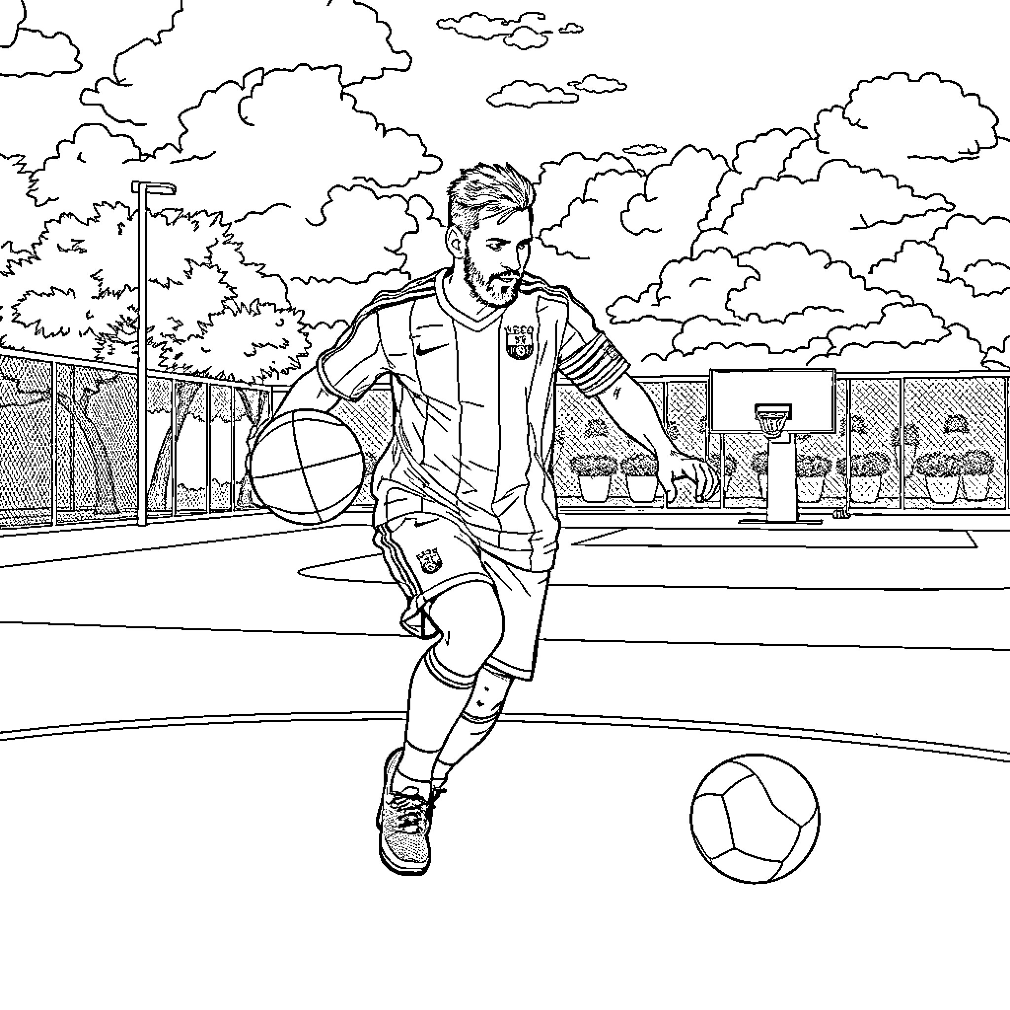 Messi playing soccer on the field Coloring Page (free black-and-white line drawing printable PDF for all, from beginners to advanced learners, including children, teens, adults, and seniors)