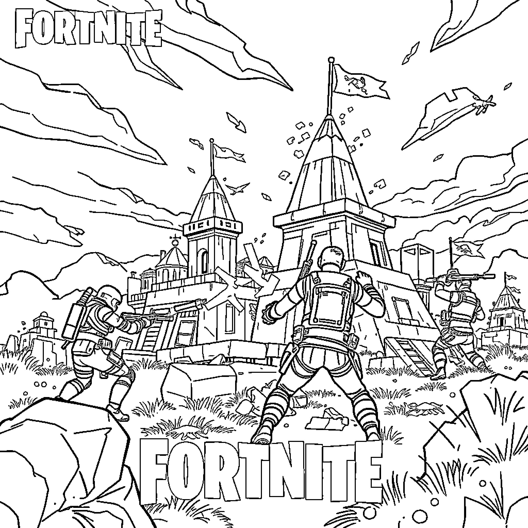 Fortnite characters in a fantasy battle scene Coloring Page (free black-and-white line drawing printable PDF for all, from beginners to advanced learners, including children, teens, adults, and seniors)