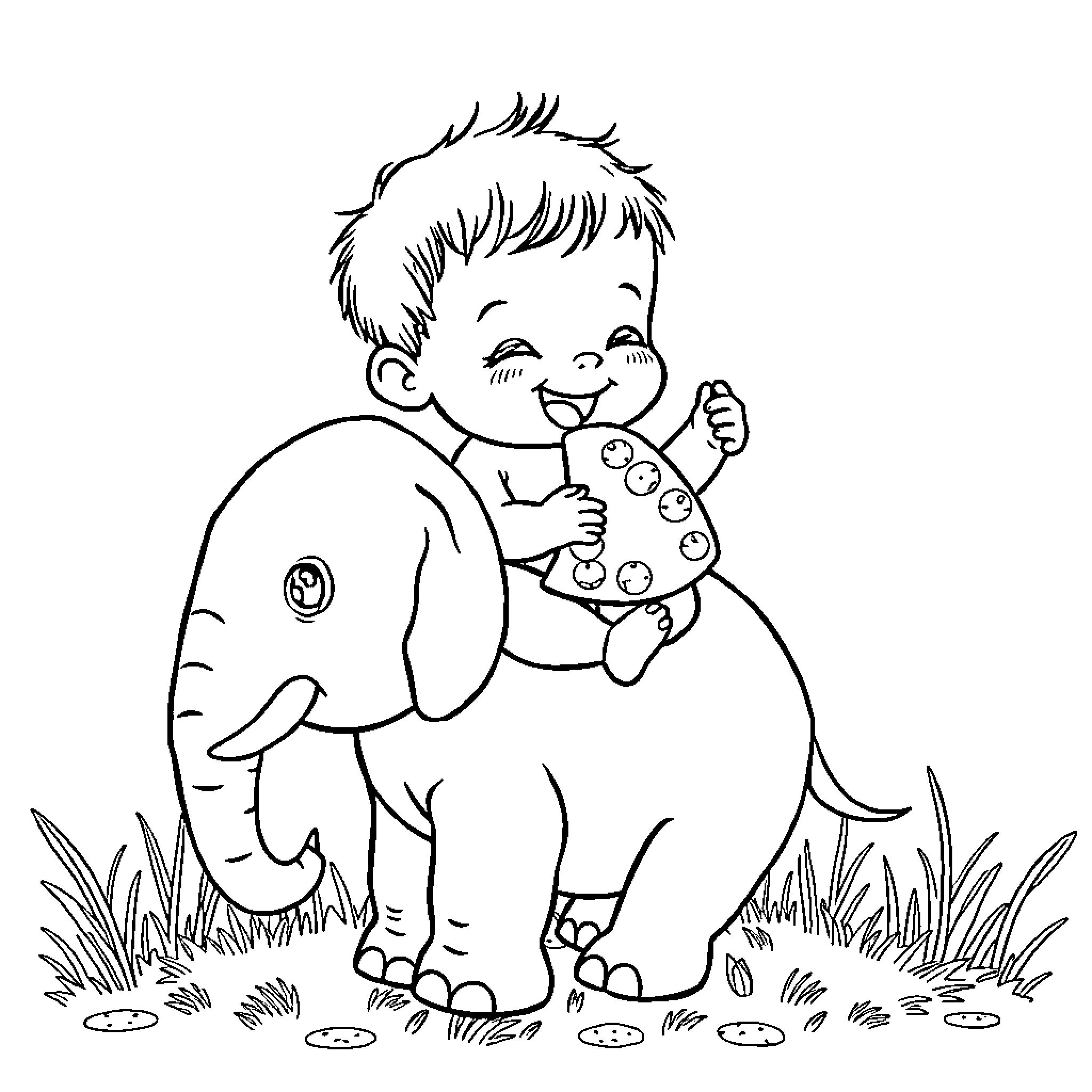 Baby playing happily with elephant in the park Coloring Page (free black-and-white line drawing printable PDF for all, from beginners to advanced learners, including children, teens, adults, and seniors)