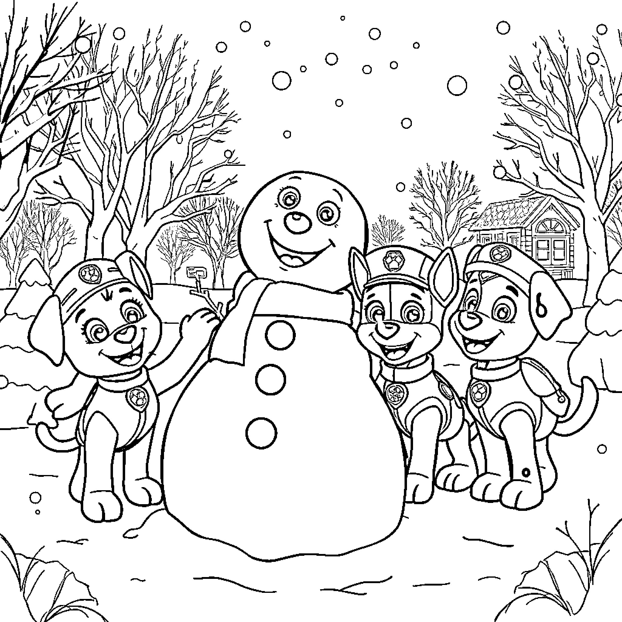 Paw Patrol Winter Fun with Snowman Coloring Page (free black-and-white line drawing printable PDF for all, from beginners to advanced learners, including children, teens, adults, and seniors)