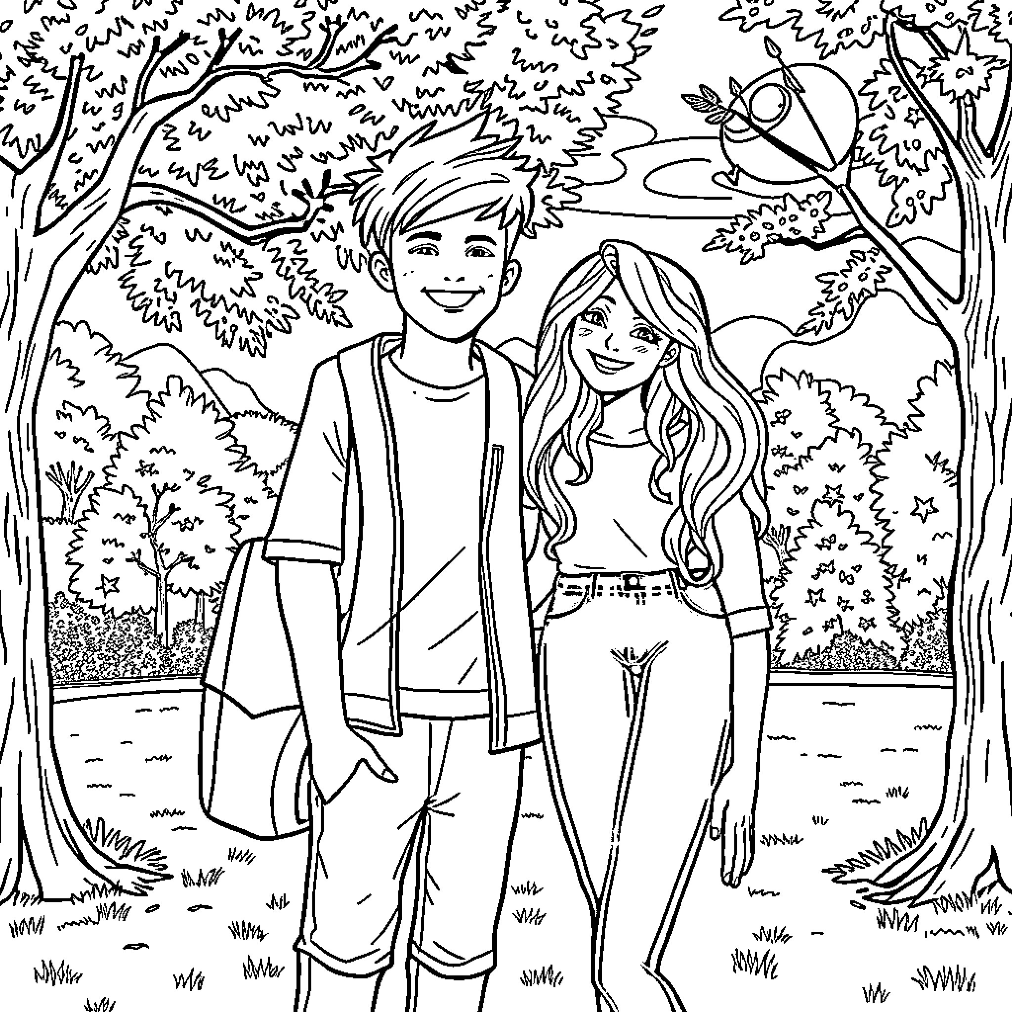 Malachi Barton and friend enjoying nature Coloring Page (free black-and-white line drawing printable PDF for all, from beginners to advanced learners, including children, teens, adults, and seniors)