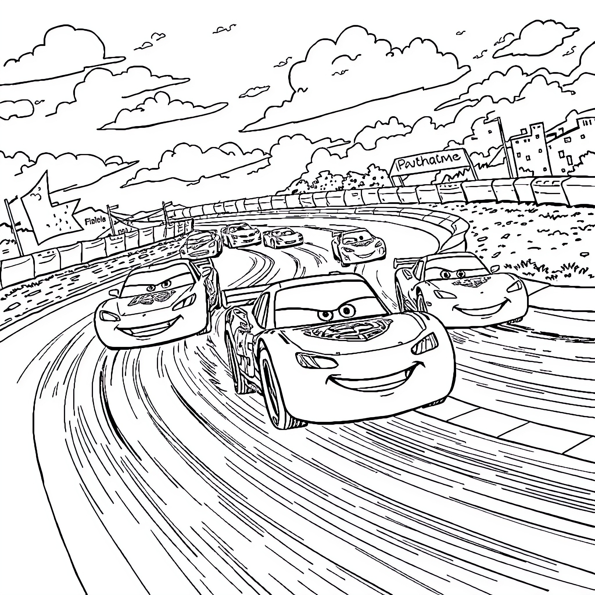 Lightning McQueen and friends race down the track Coloring Page (free black-and-white line drawing printable PDF for all, from beginners to advanced learners, including children, teens, adults, and seniors)