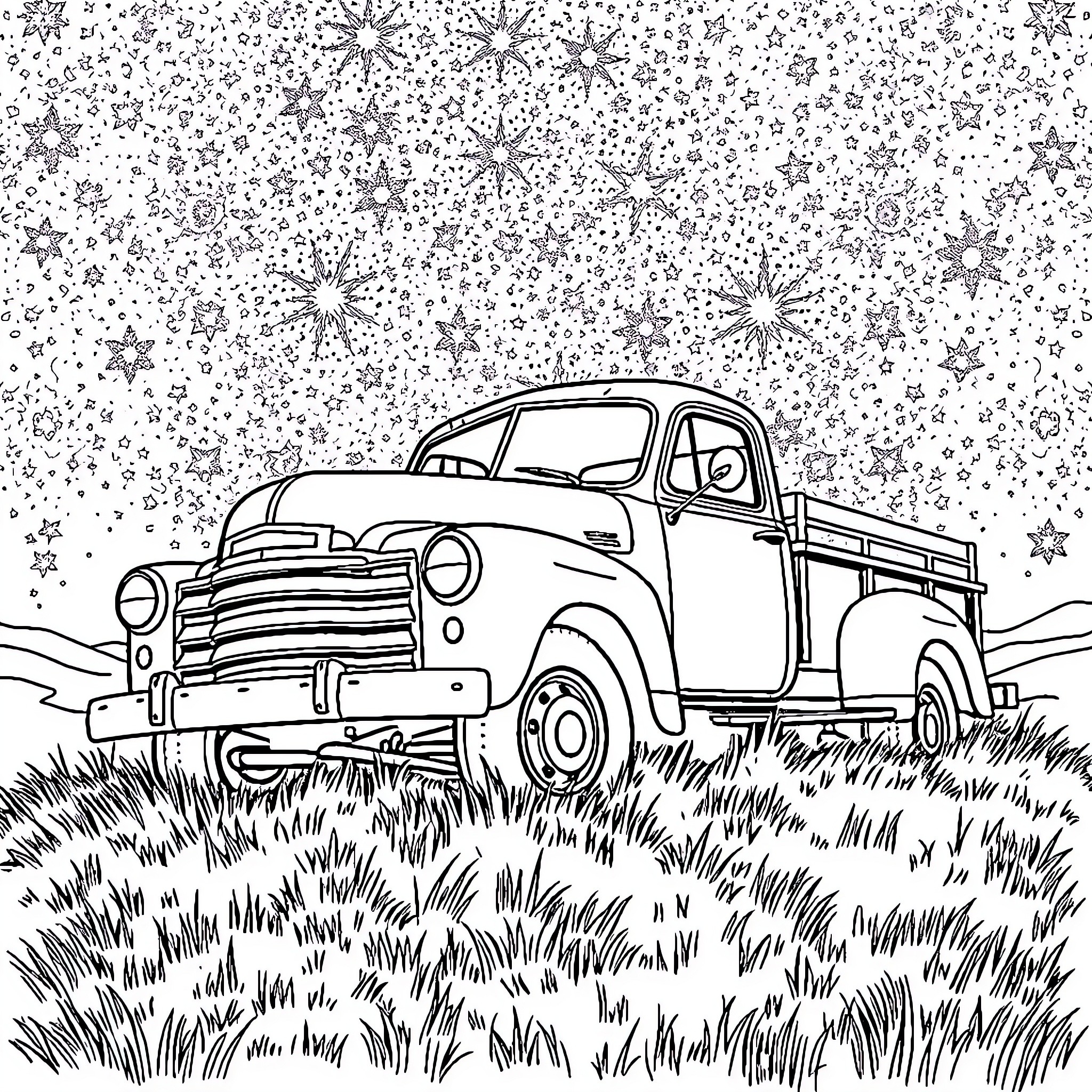 Truck in the Snow-Covered Countryside Coloring Page (free black-and-white line drawing printable PDF for all, from beginners to advanced learners, including children, teens, adults, and seniors)