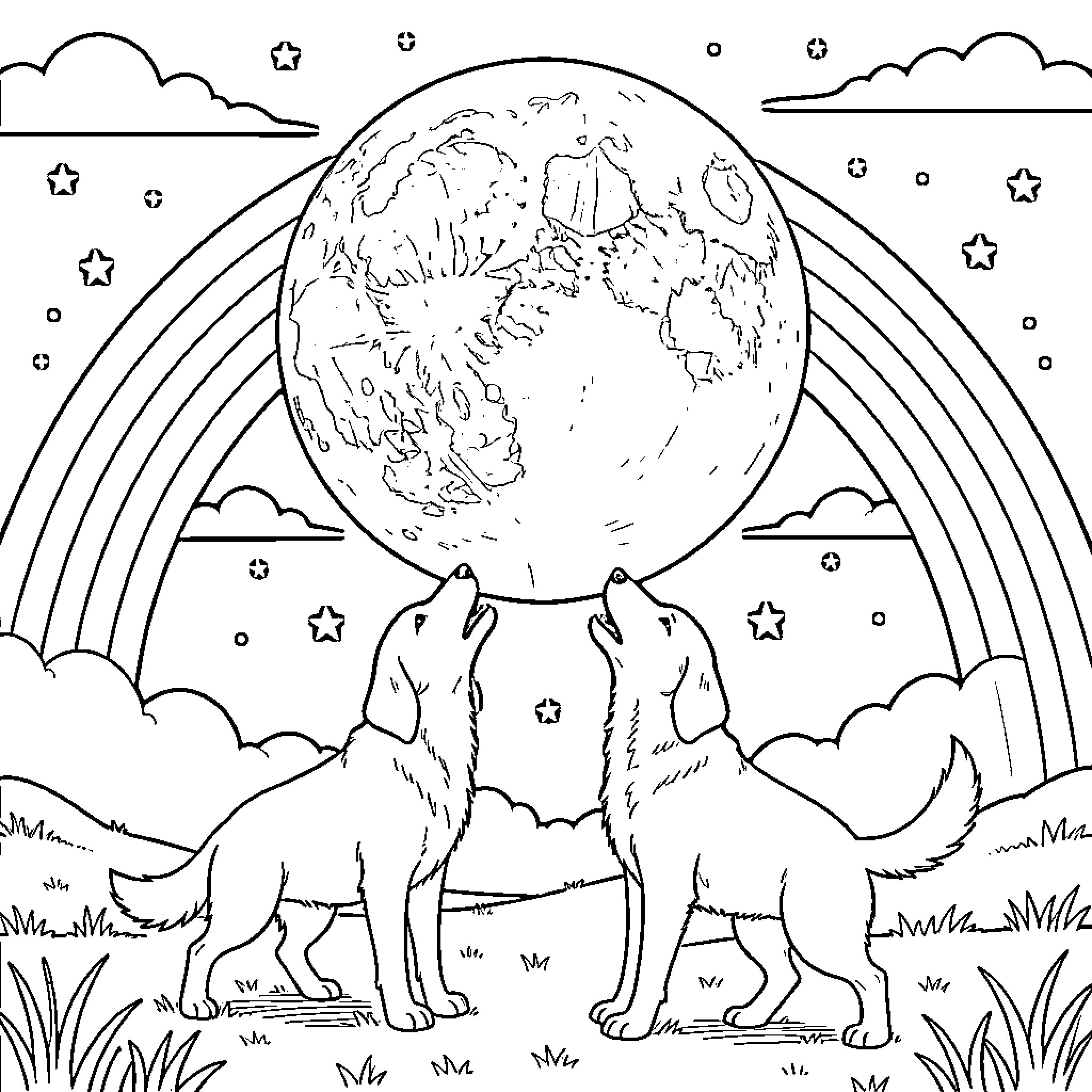 Dog howling at a large moon and rainbow Coloring Page (free black-and-white line drawing printable PDF for all, from beginners to advanced learners, including children, teens, adults, and seniors)