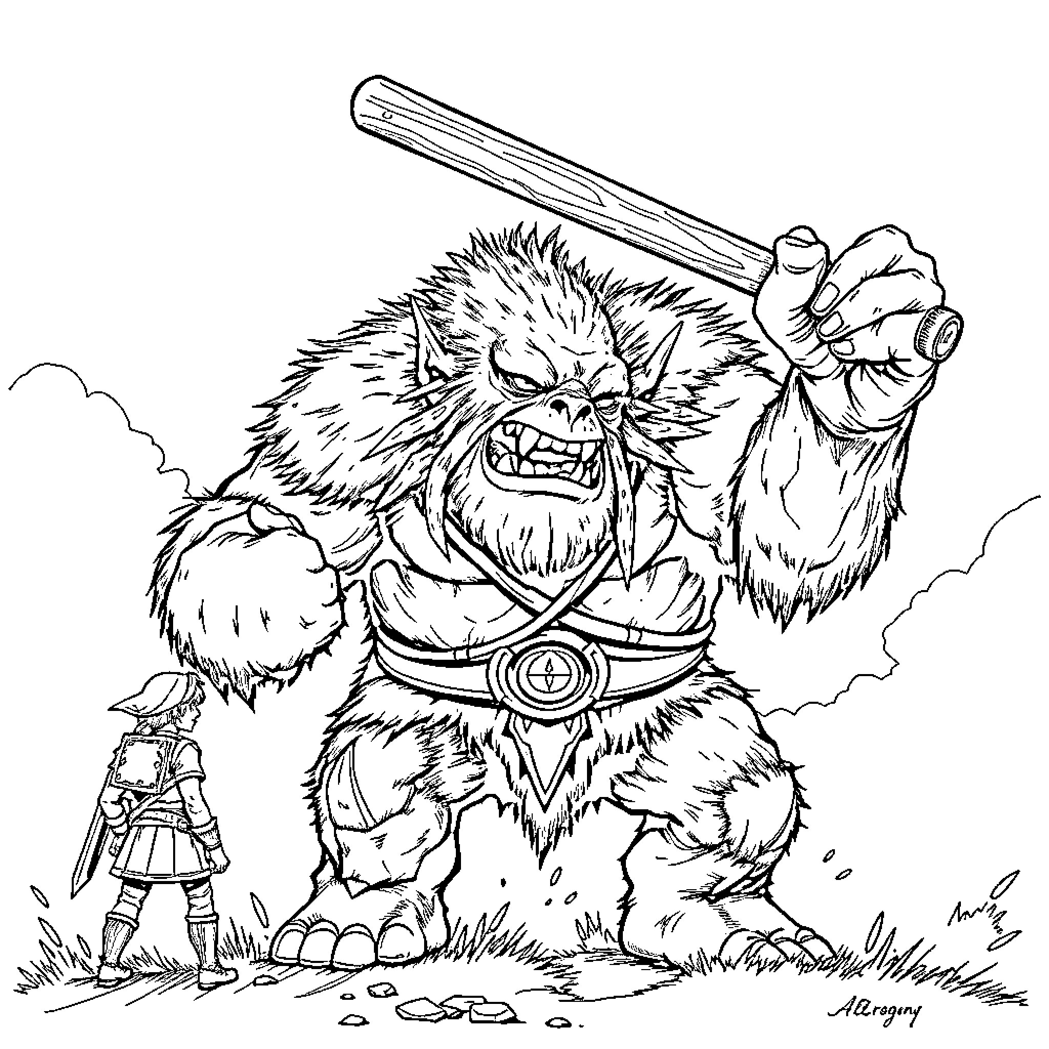 Troll wielding a club in a confrontational scene Coloring Page (free black-and-white line drawing printable PDF for all, from beginners to advanced learners, including children, teens, adults, and seniors)