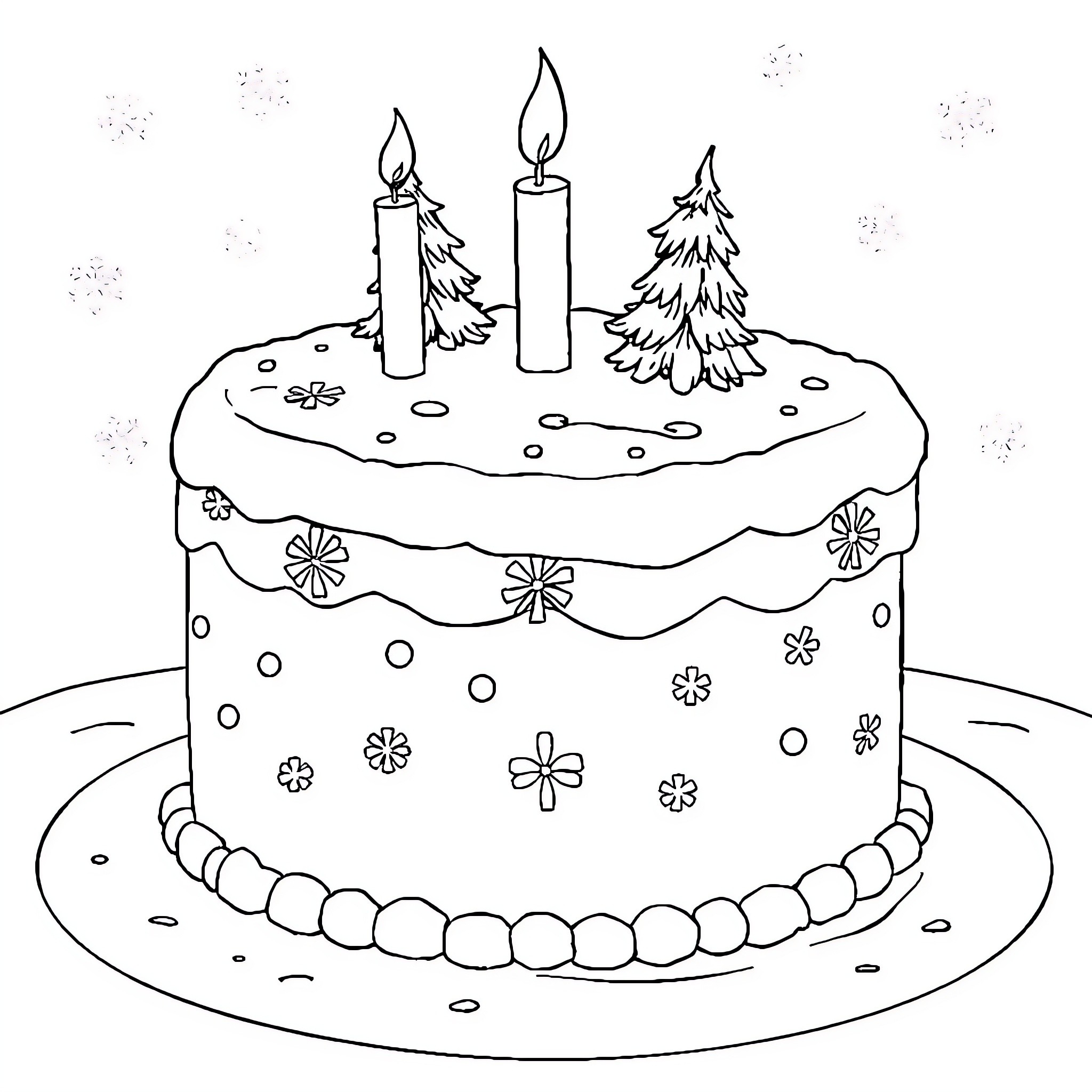 Birthday Cake with Candles and Winter Decorations Coloring Page (free black-and-white line drawing printable PDF for all, from beginners to advanced learners, including children, teens, adults, and seniors)