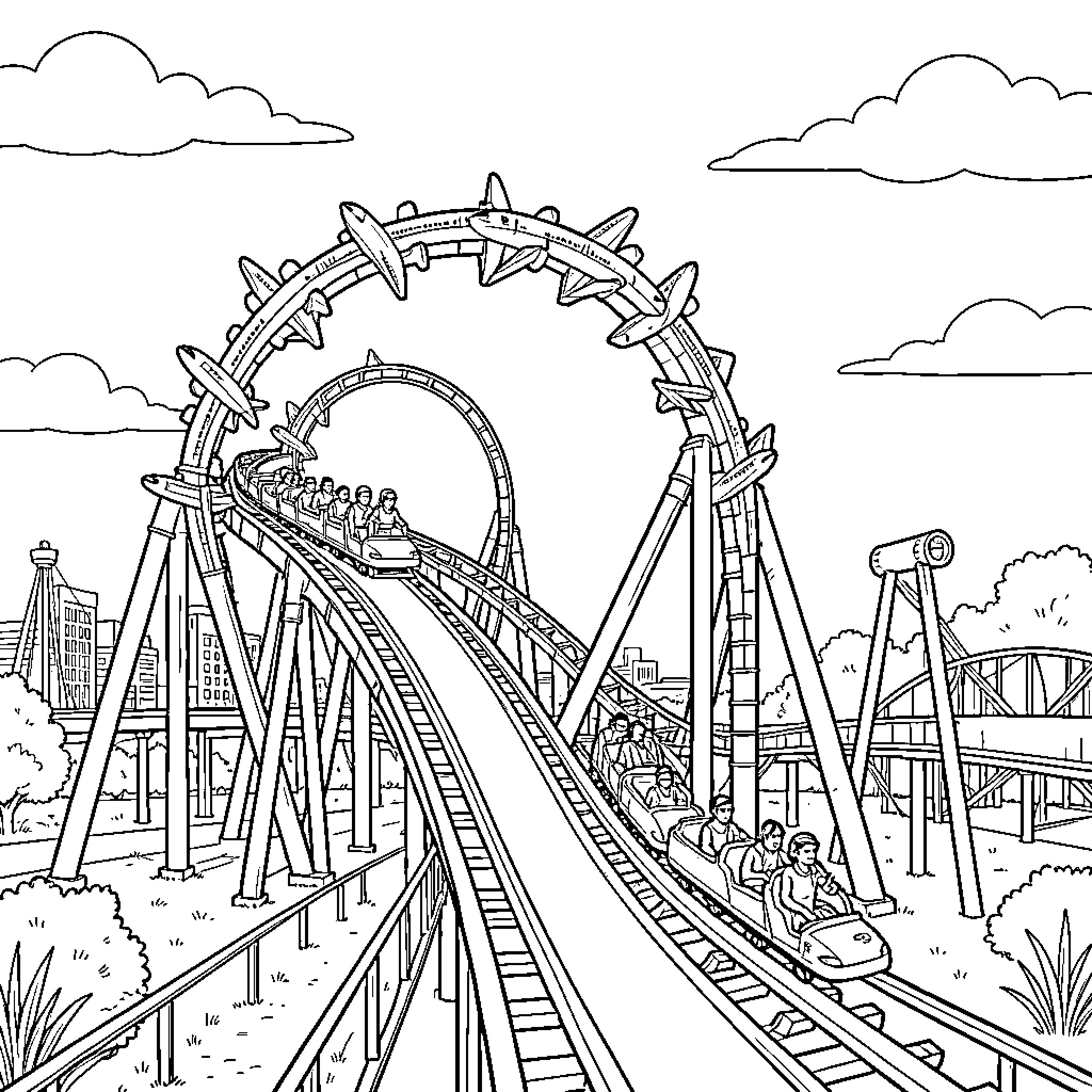 Avião e montanha-russa em um parque de diversões Coloring Page (free black-and-white line drawing printable PDF for all, from beginners to advanced learners, including children, teens, adults, and seniors)