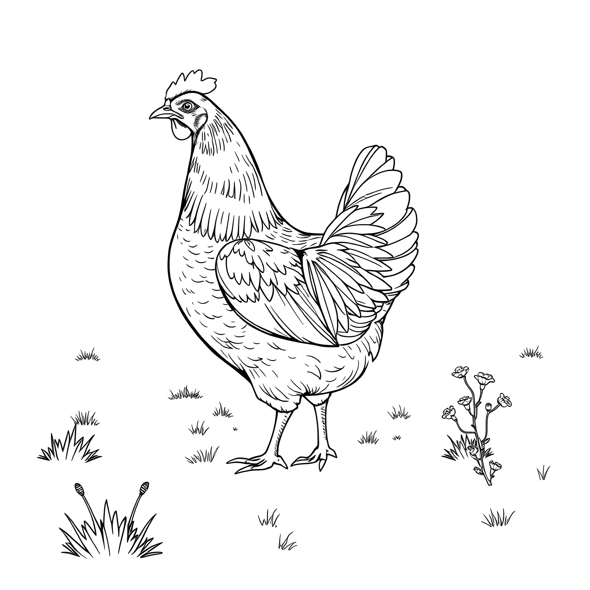 Hen strutting in a farmyard with plants Coloring Page (free black-and-white line drawing printable PDF for all, from beginners to advanced learners, including children, teens, adults, and seniors)
