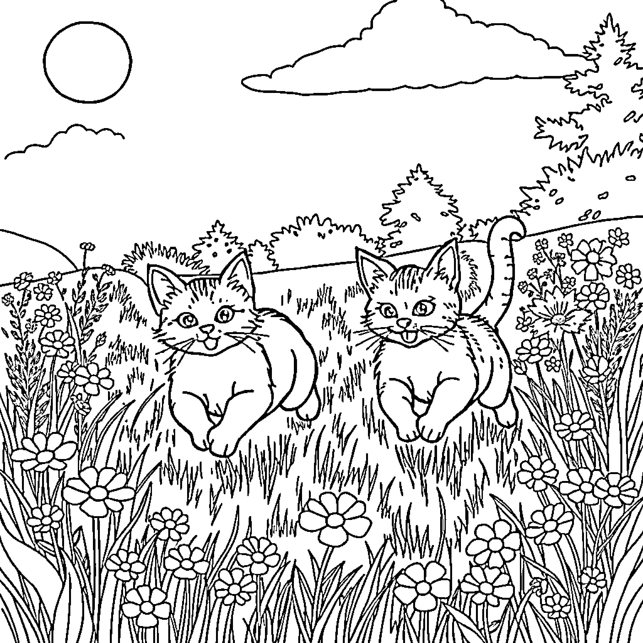 Cats frolicking in a flower-filled meadow Coloring Page (free black-and-white line drawing printable PDF for all, from beginners to advanced learners, including children, teens, adults, and seniors)