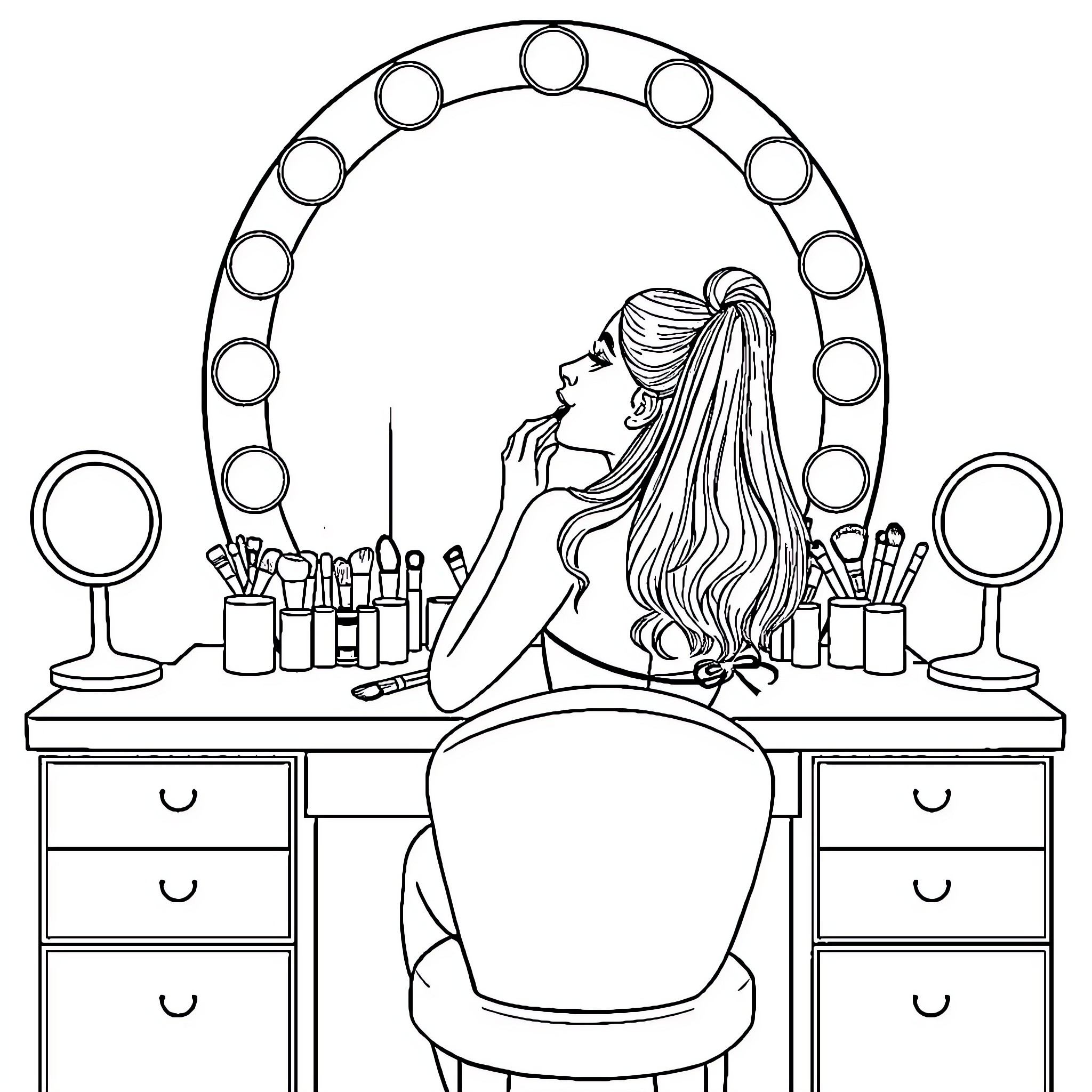 Ariana Grande's Glamorous Vanity Routine Coloring Page (free black-and-white line drawing printable PDF for all, from beginners to advanced learners, including children, teens, adults, and seniors)