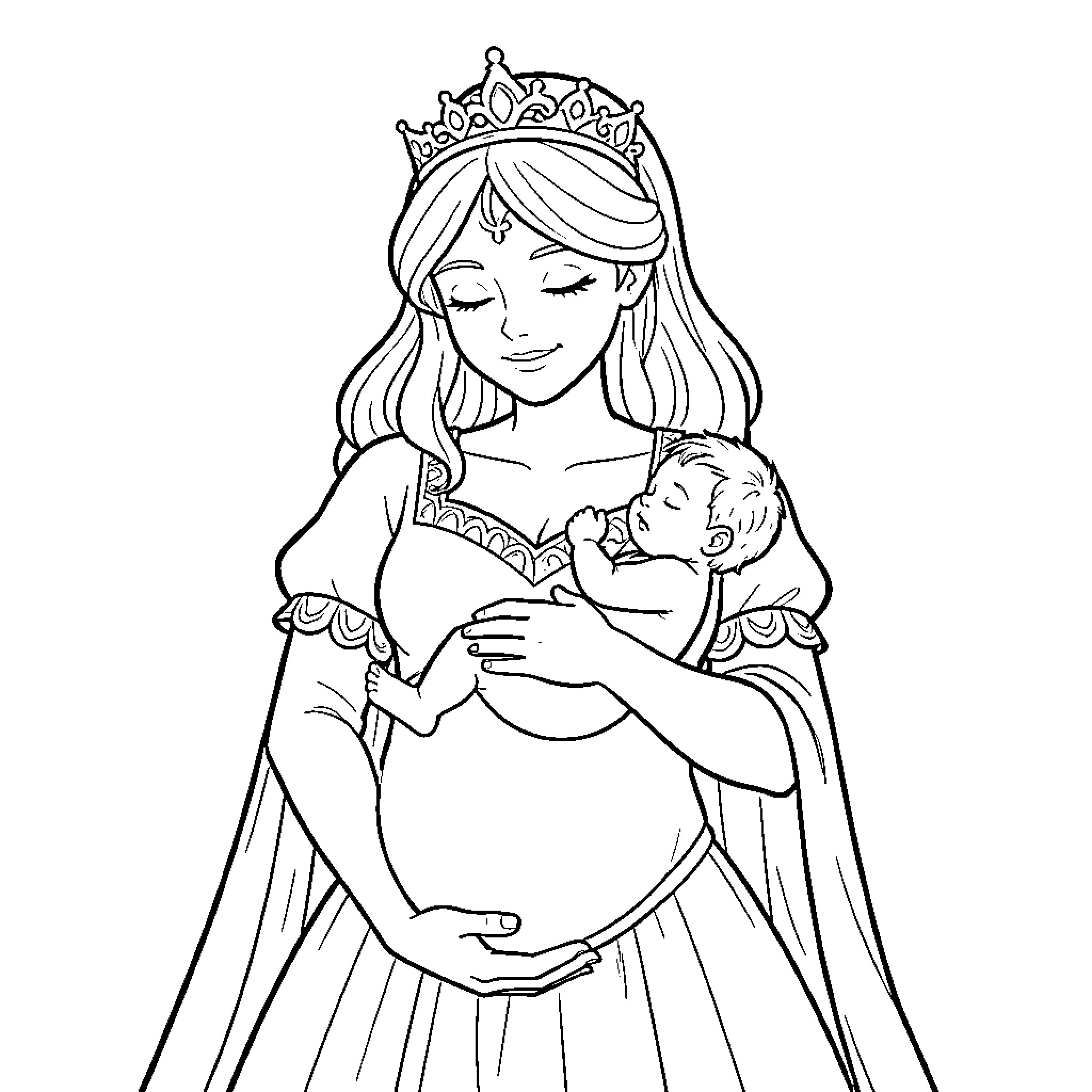 Princess cradling her newborn child Coloring Page (free black-and-white line drawing printable PDF for all, from beginners to advanced learners, including children, teens, adults, and seniors)