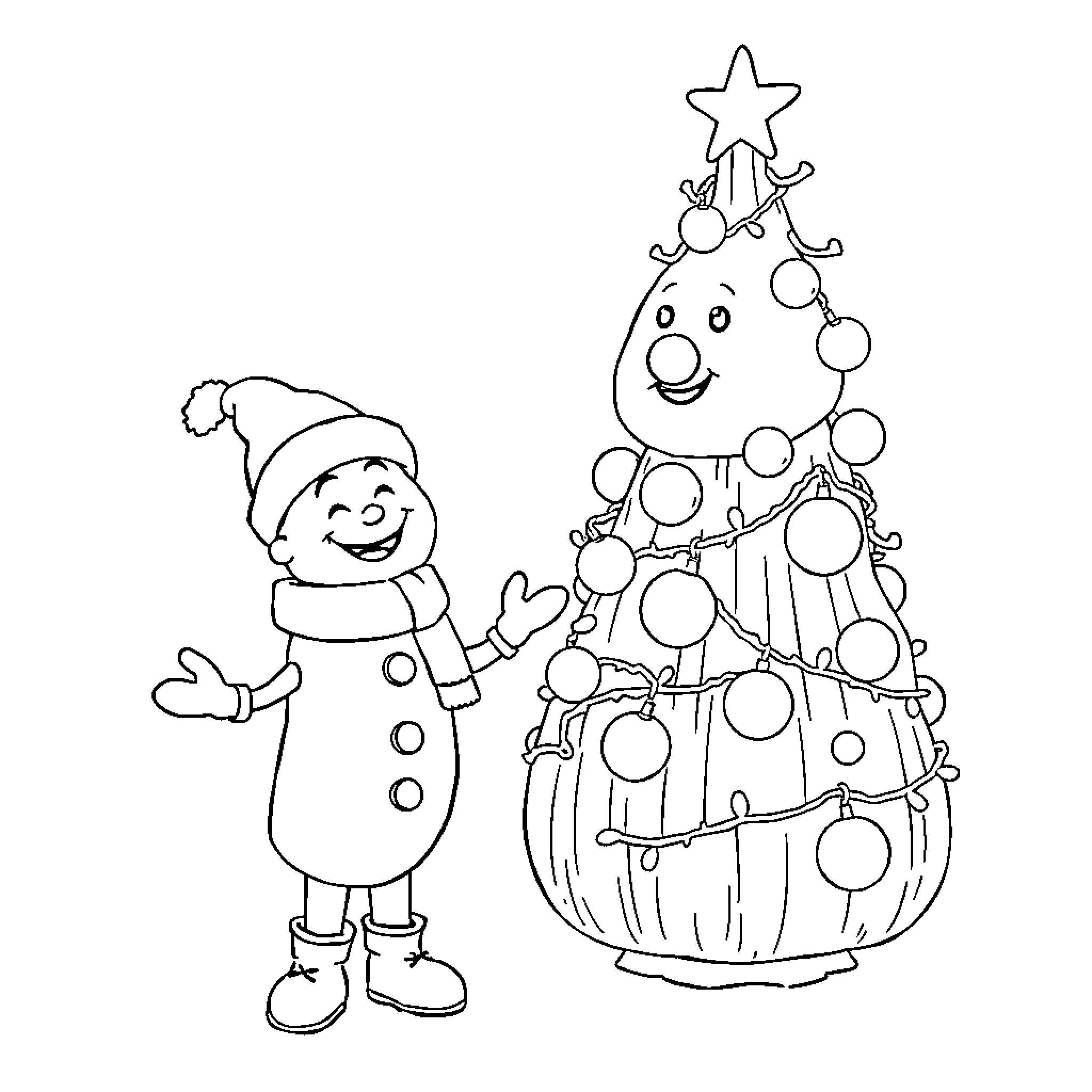 Gingerbread Man decorating festive Christmas tree Coloring Page (free black-and-white line drawing printable PDF for all, from beginners to advanced learners, including children, teens, adults, and seniors)