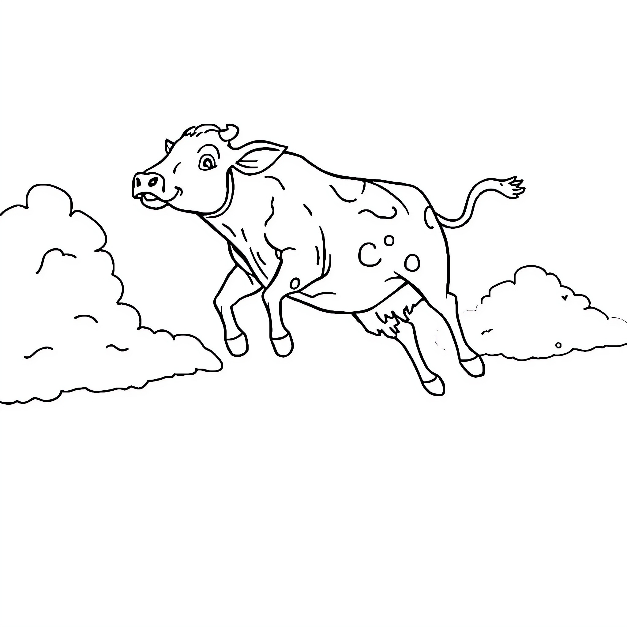 Flying Cow Soaring through the Clouds Coloring Page (free black-and-white line drawing printable PDF for all, from beginners to advanced learners, including children, teens, adults, and seniors)