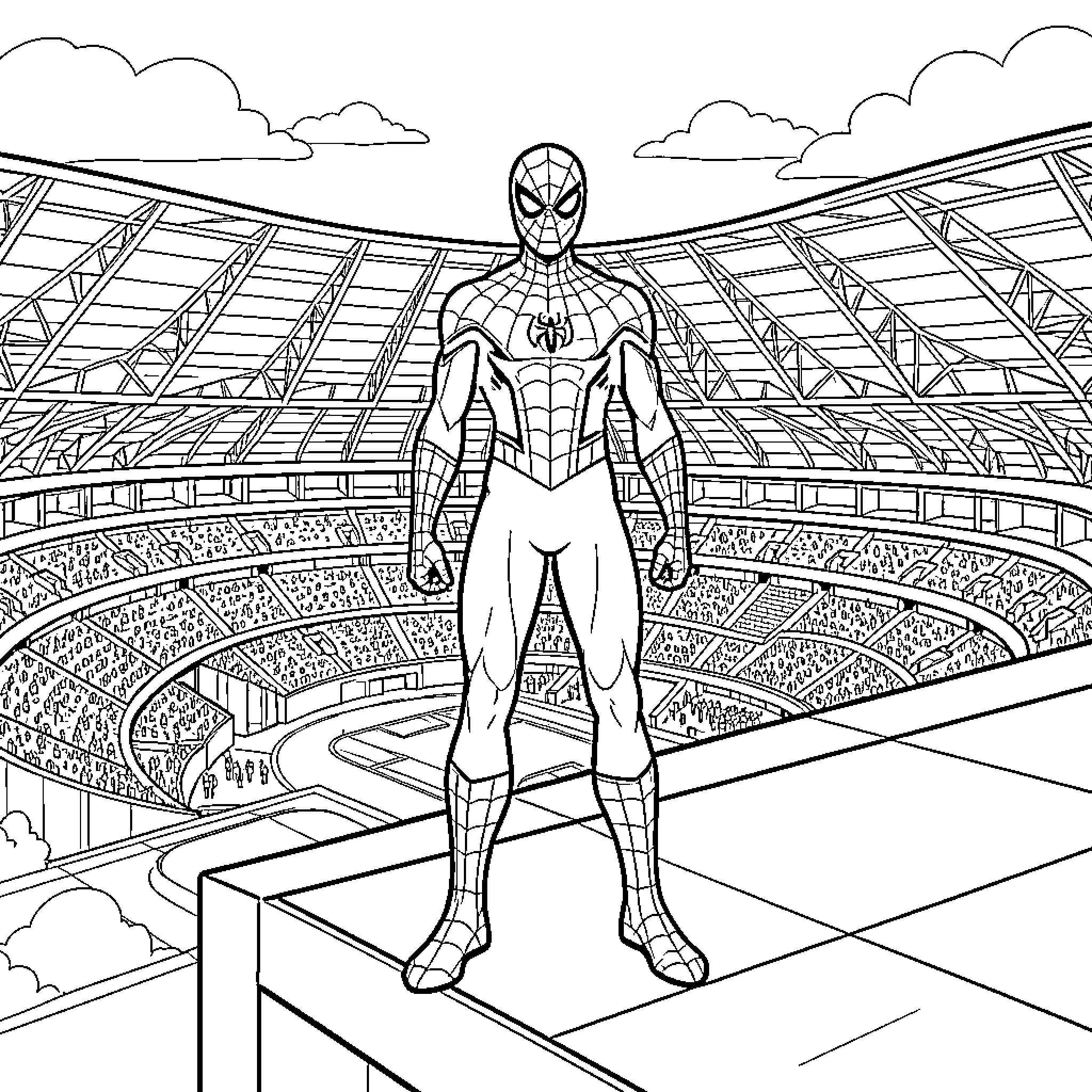 Spider-Man standing heroically overlooking a crowded stadium Coloring Page (free black-and-white line drawing printable PDF for all, from beginners to advanced learners, including children, teens, adults, and seniors)