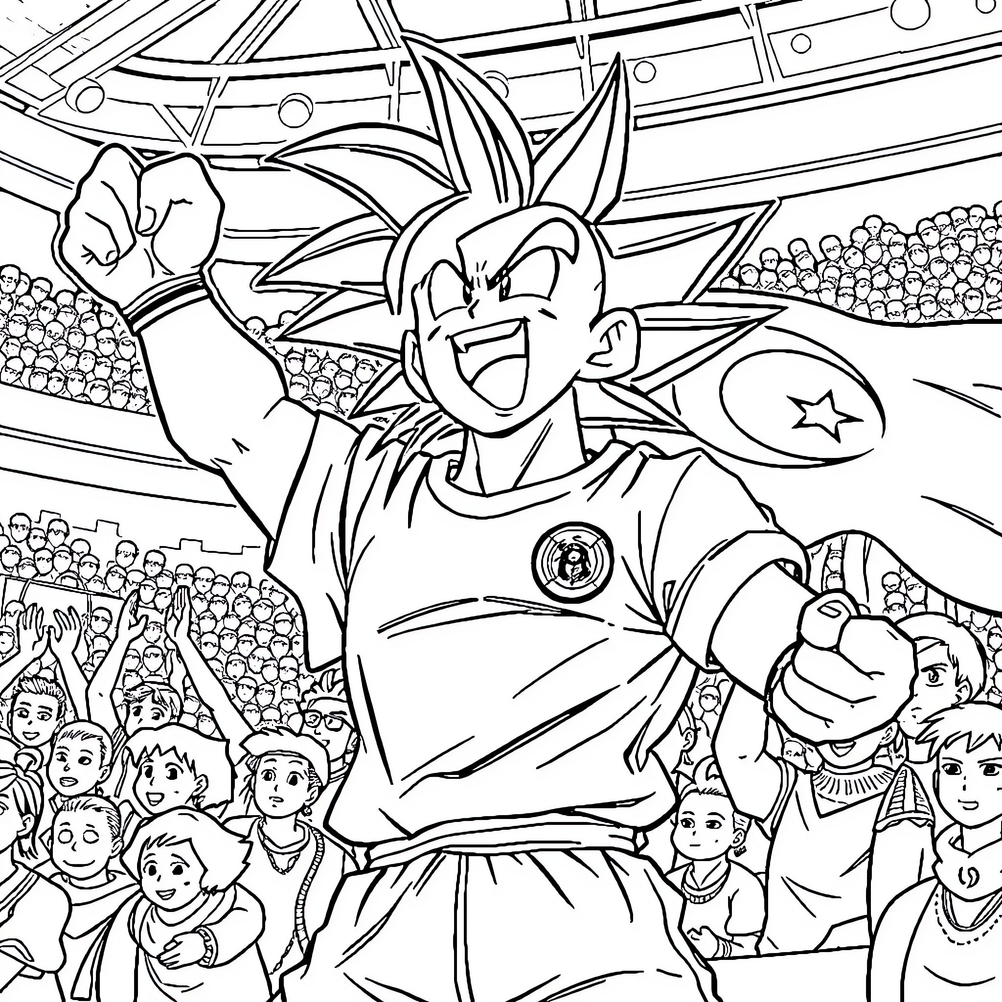 Dragon Ball Z: Goku Triumphantly Celebrates Victory Coloring Page (free black-and-white line drawing printable PDF for all, from beginners to advanced learners, including children, teens, adults, and seniors)